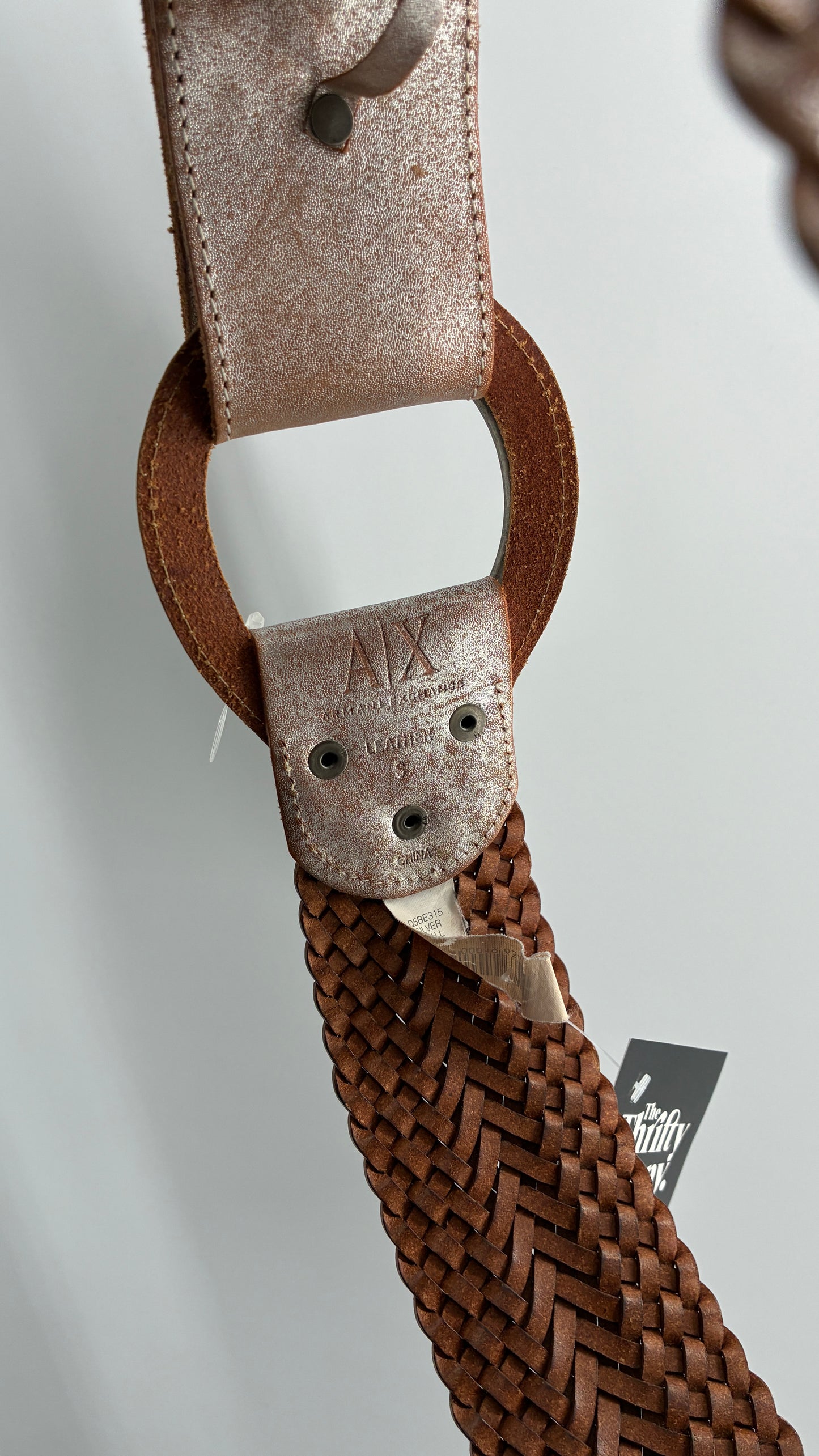 Vintage ARMANI Metallic Silver Thick Braided Leather Belt with Oversized Metal Loop Buckle (Small)