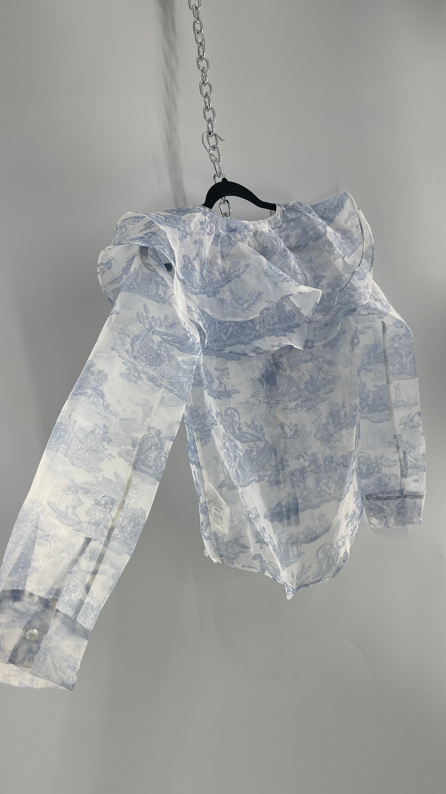 Laura Ashley Urban Outfitters Voile Sheer Ruffled Shoulder Button Up with Blue Vintage Print (XS)