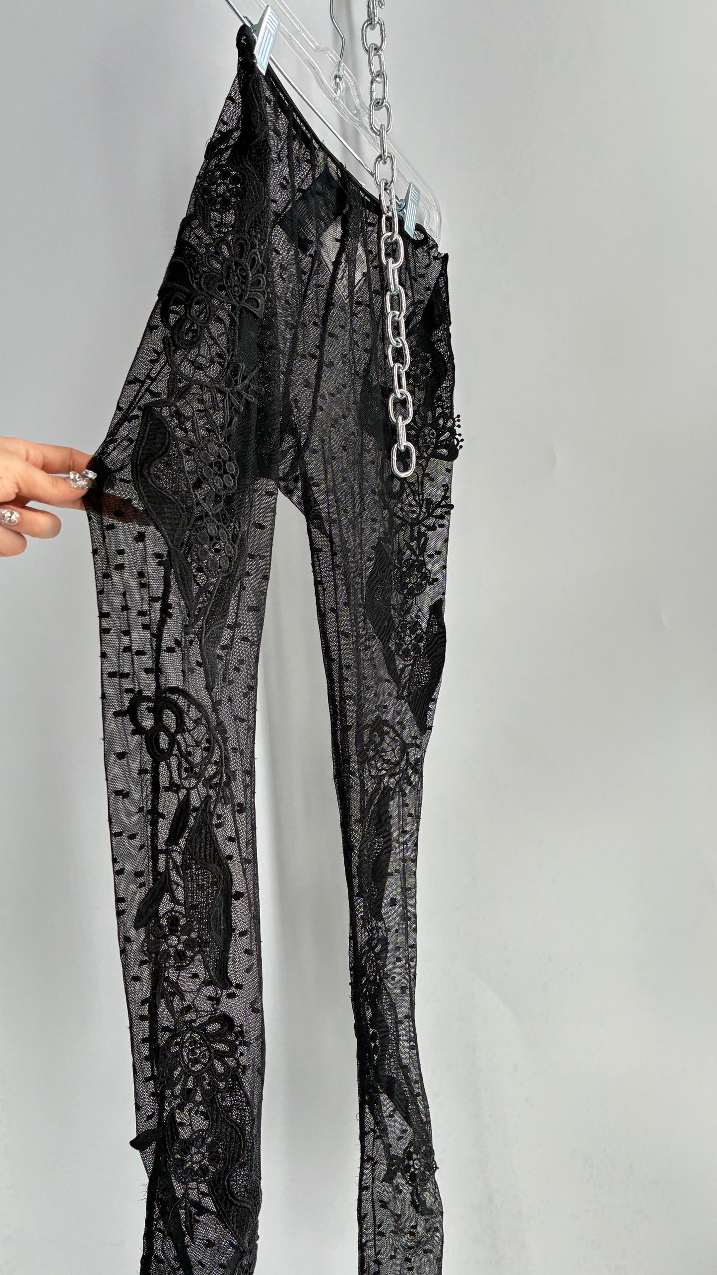 Staring at Stars Black Sheer Footless Tights with Lace Appliqué Design on Both Legs (XS)