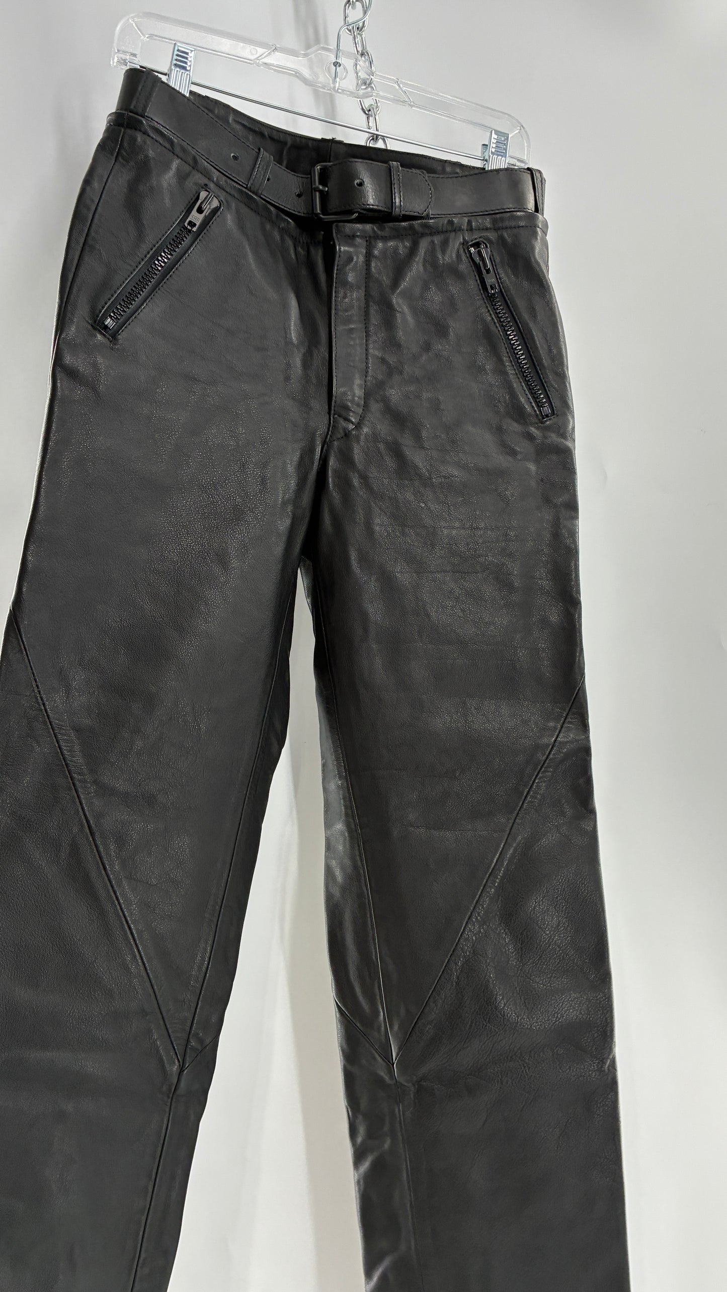 Vintage Black Italian Leather Motorcycyle Pants with Built In Belt and Zipper Detailing (XS)
