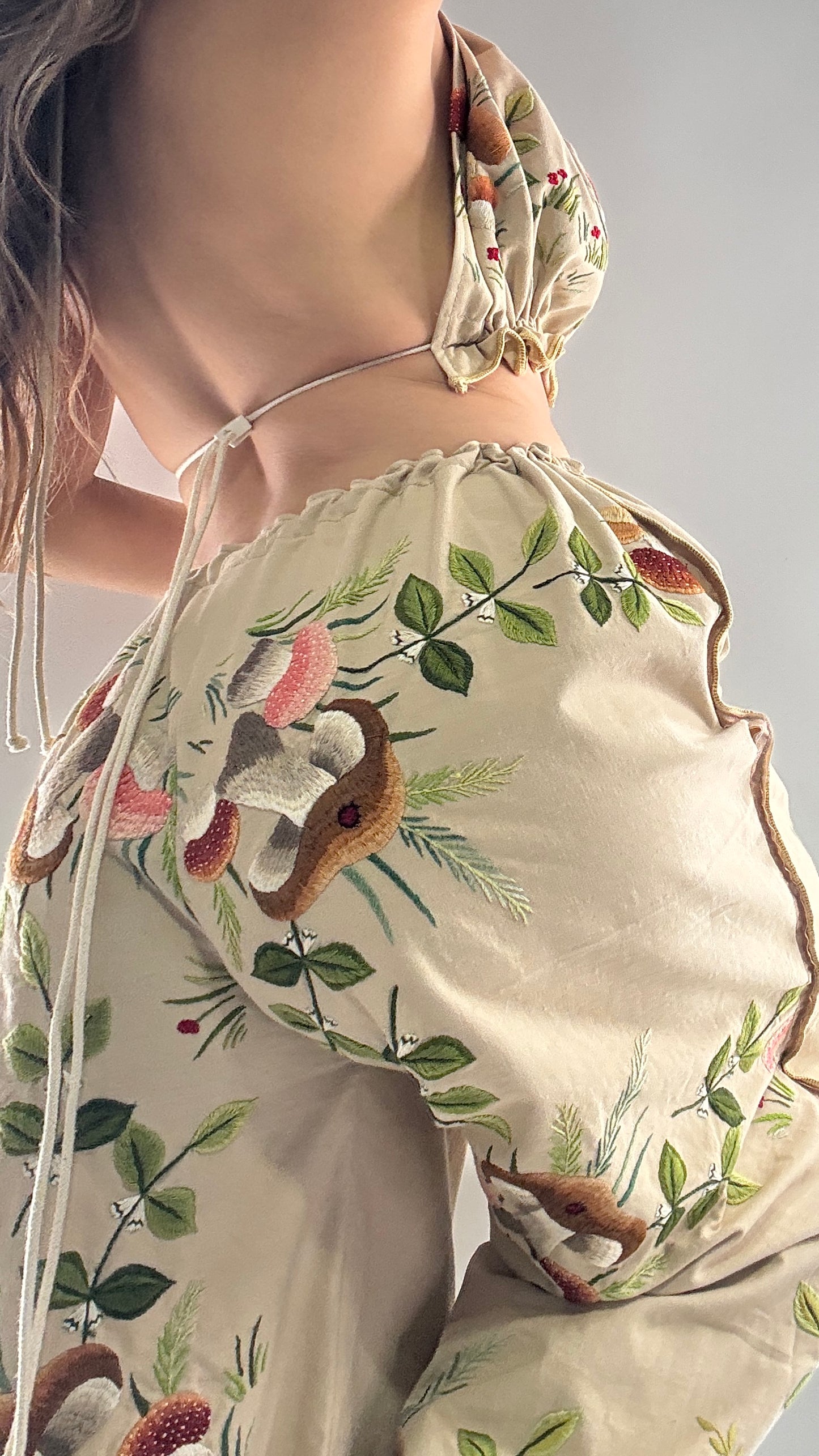 Vintage Custom Handmade and Hand Embroidered Two Piece Set with Mushrooms, Vines, and Ladybugs (XS-L)