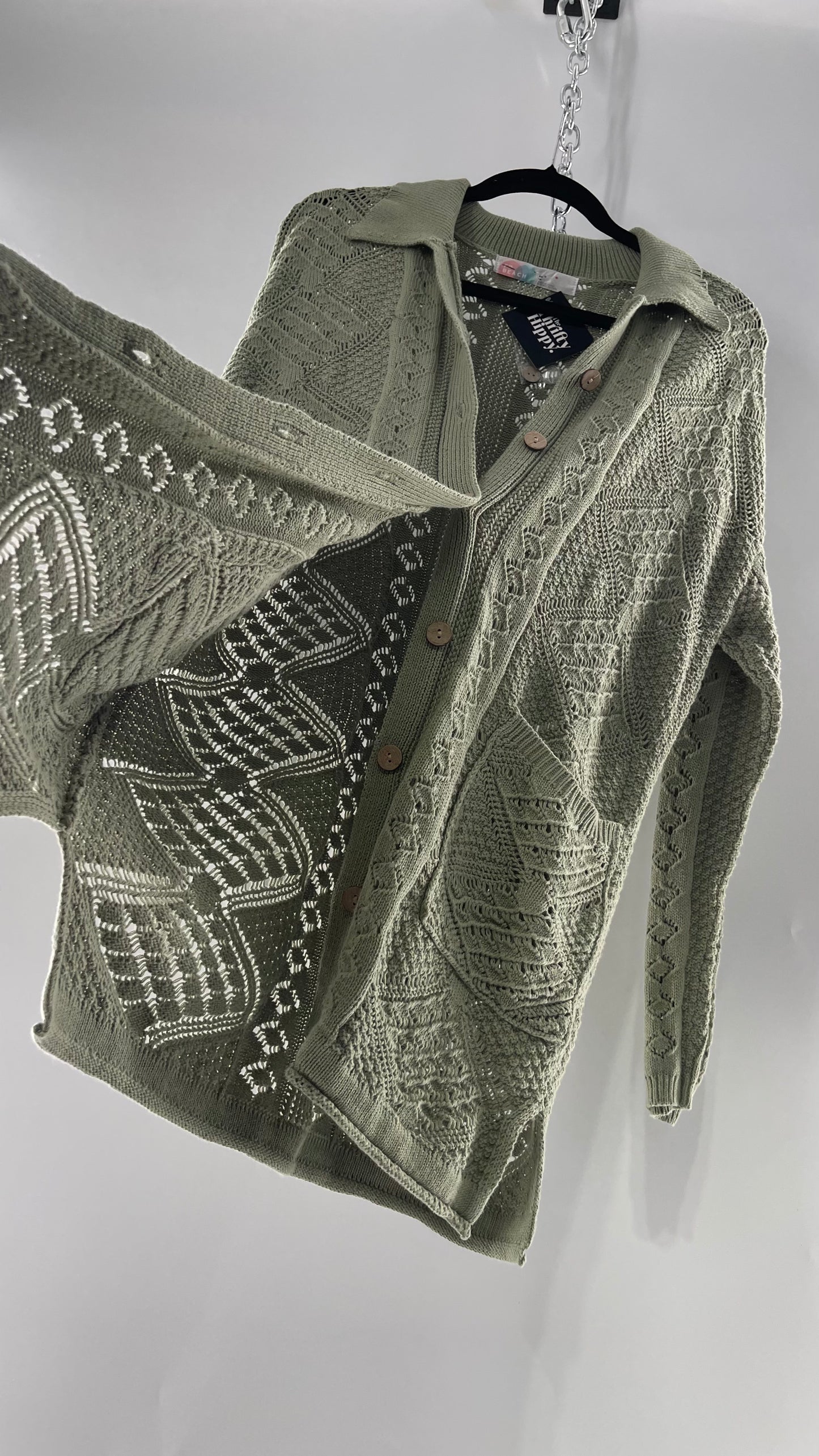 Free People Beach Sage Green Crochet Wooden Button Front Cardigan and Wide Leg Set (Medium)