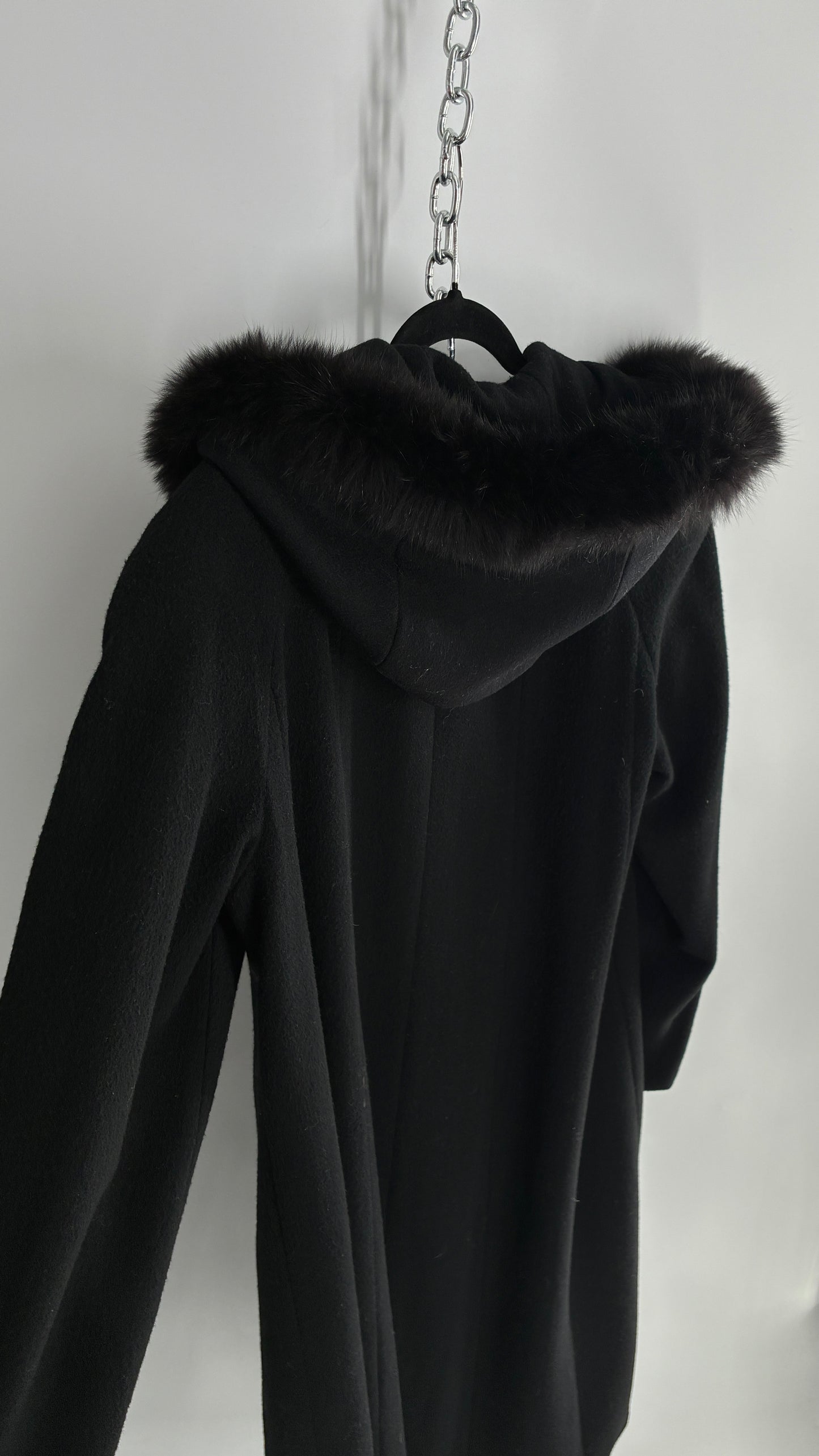 Vintage ANDREA COLLECTION Black Wool Blend Full Length Coat with Fur Trim Hood (12)