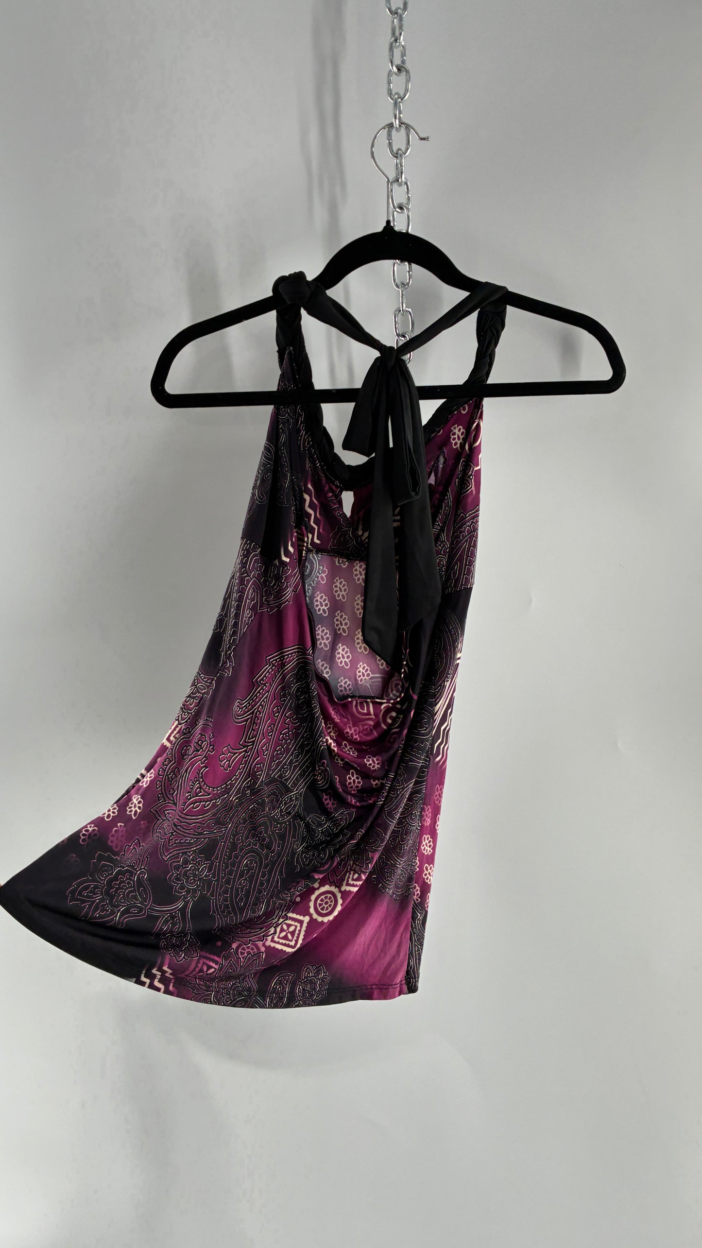 Vintage RUE 21 Purple Braided Halter Black and Purple Graphic (Large)