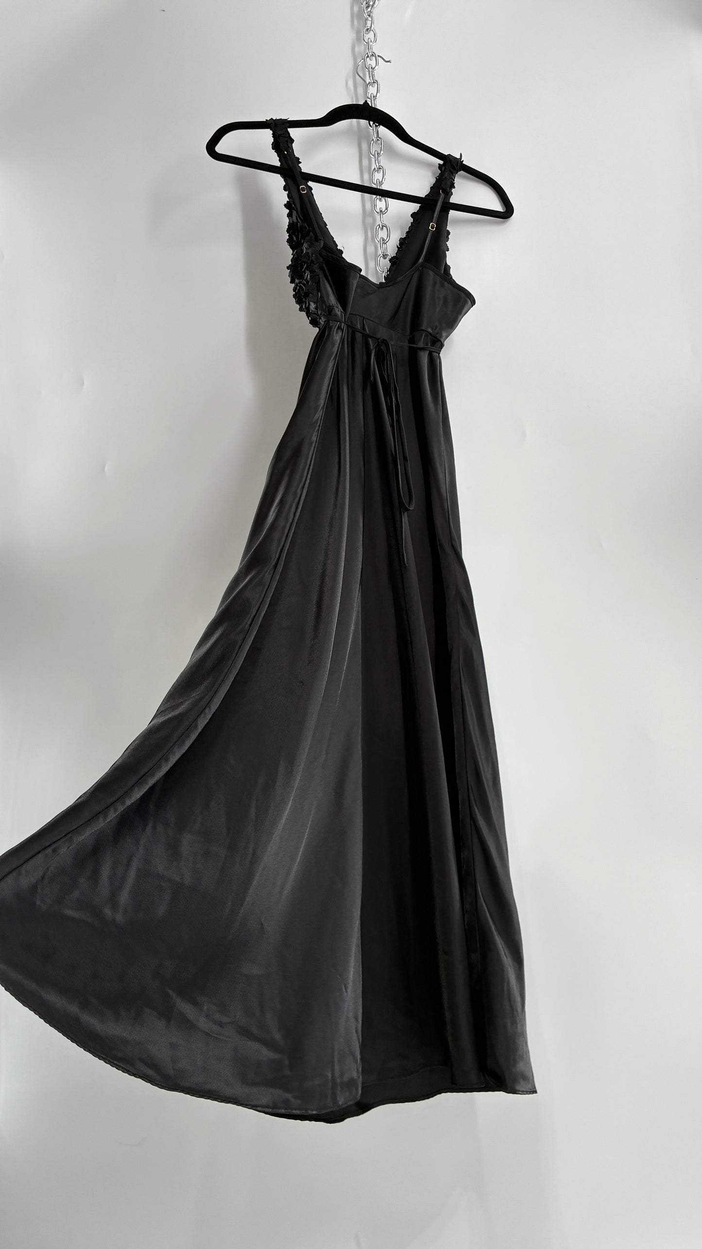 Vintage FLORA Black Slip Gown with Textured Floral Bust (Small)