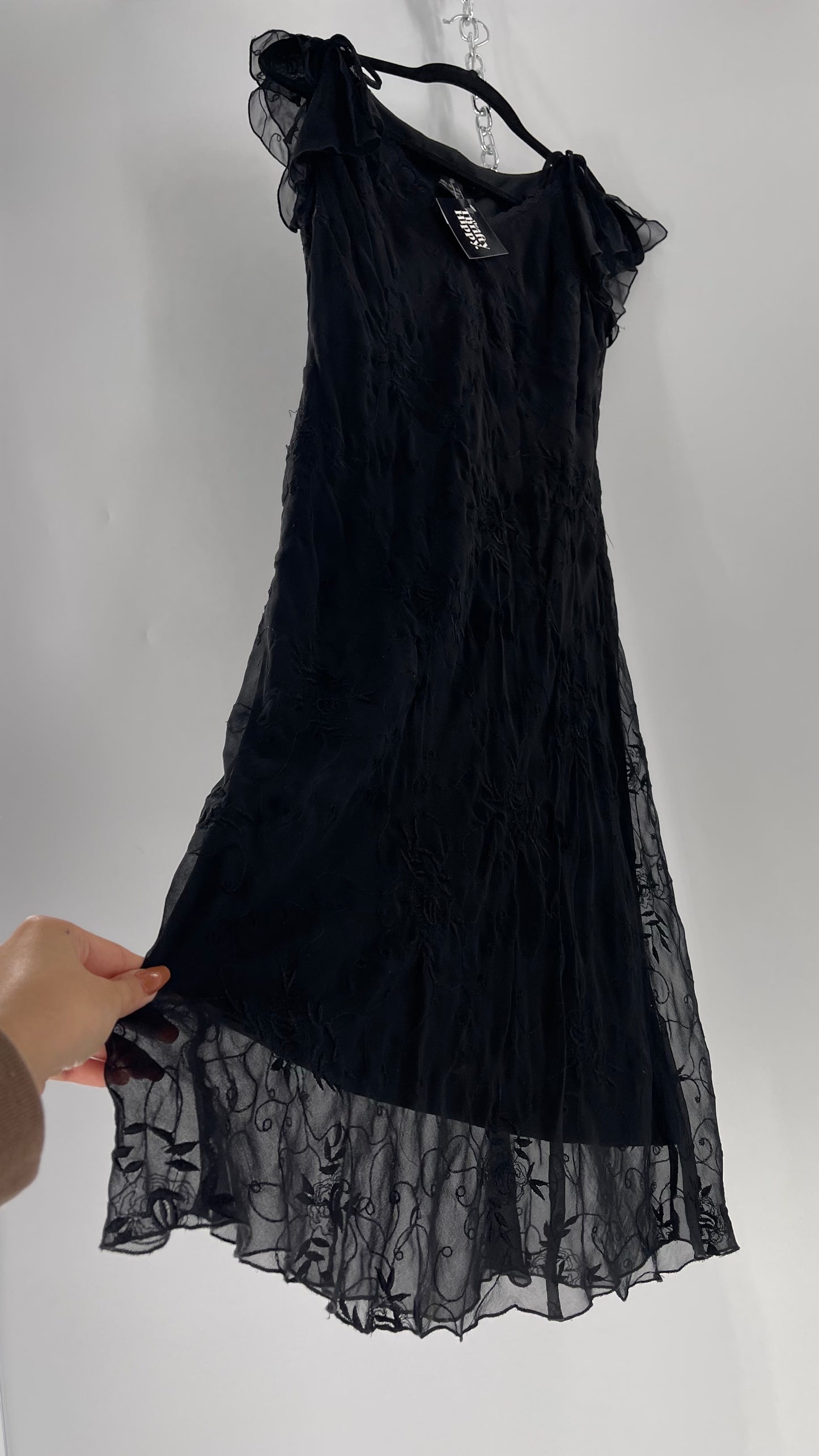 Vintage Jonathan Martin 100% Silk Black Embroidered MIDI Dress with Tie Shoulder Detail (10)
