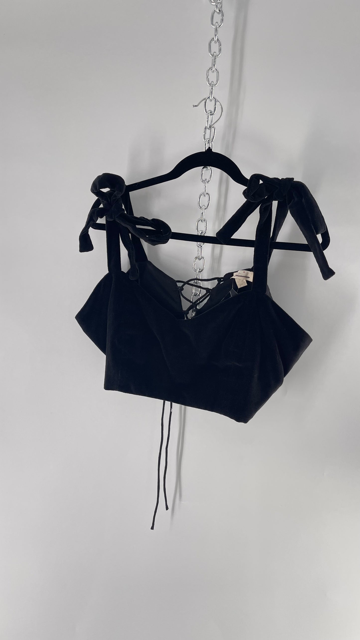 Letmebe Anthropologie Black Velvet Cropped Tank with Delicate, Romantic Tie Shoulders and Lace Up Back (XL)