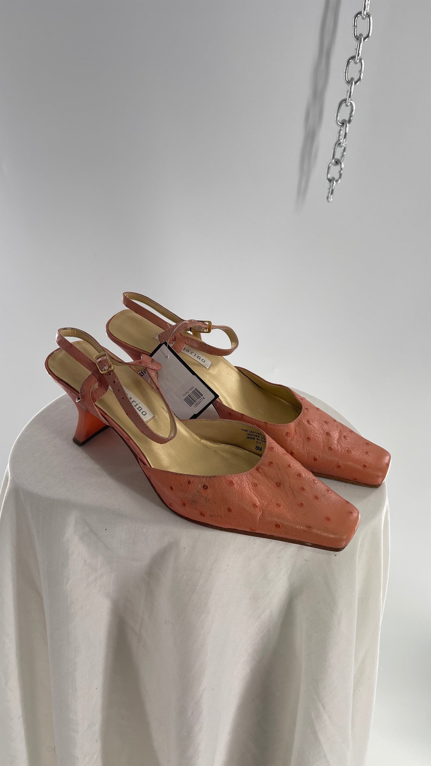 Vintage 1990s Ann Marino Pink Peach Genuine Leather Sling Back Pointed Square Toe Kitten Heel (8)