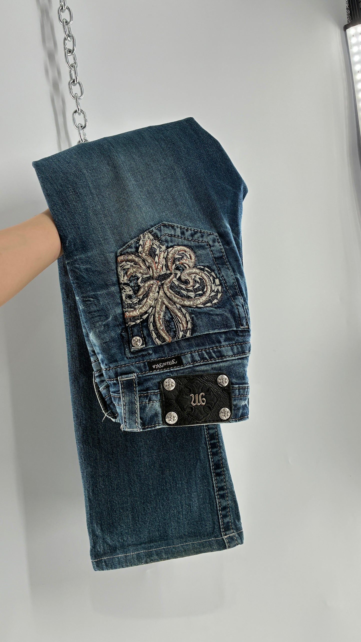 Vintage MISSME Kick Flare Jeans with Embroidered Pockets with Rhinestone Detailing (28)