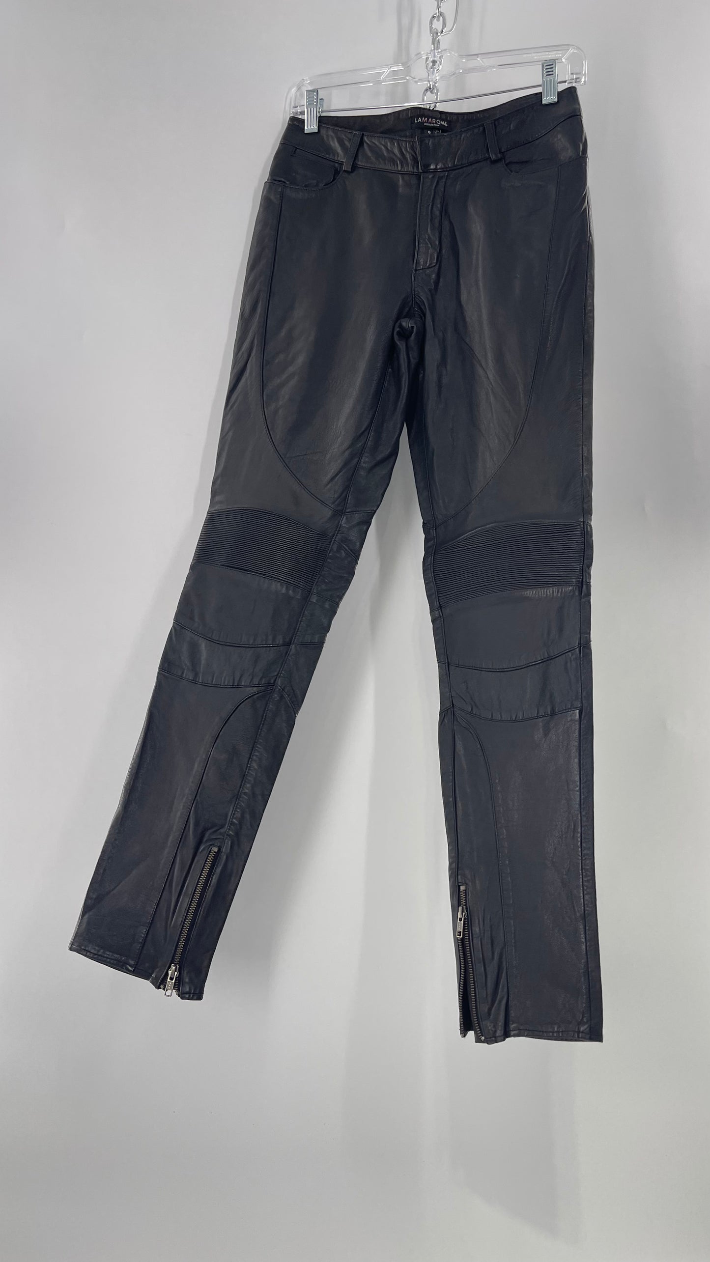 LAMARQUE 1990s Collection Vintage Black Leather Moto Style Pant with Panels, Ribbing and Zipper Details (6)