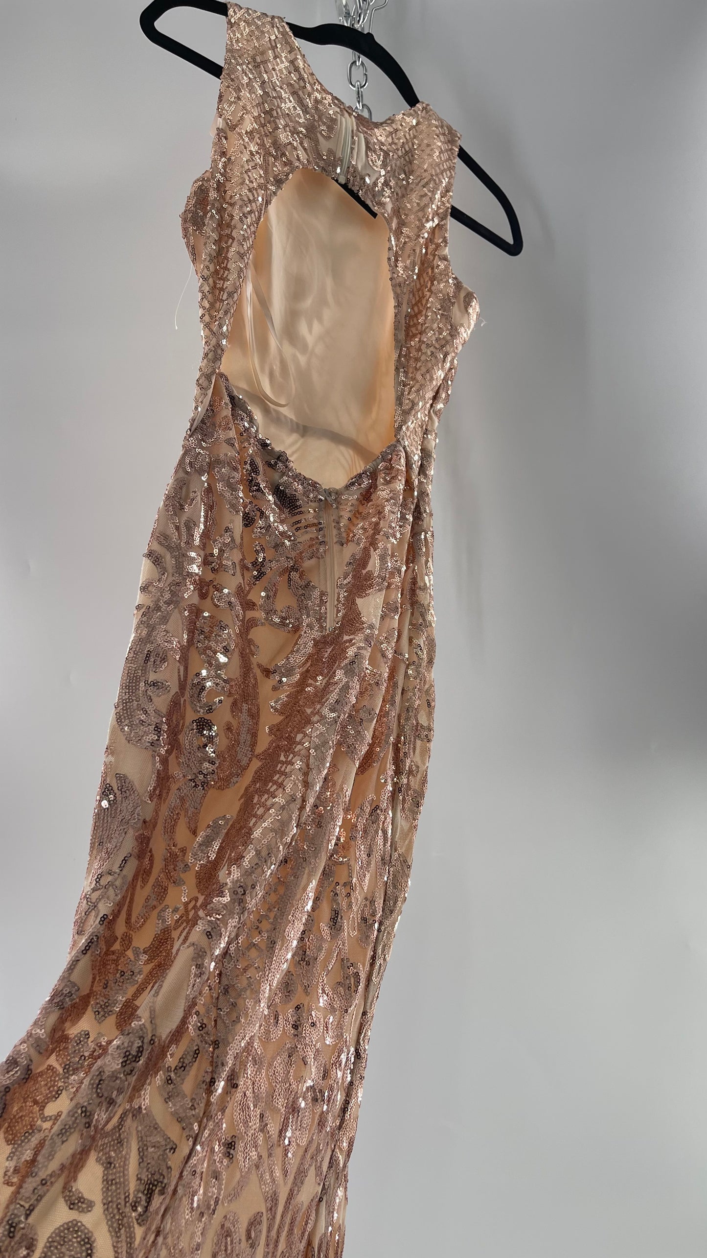 Windsor Rose Gold Sequin Maxi Dress with Side Slit Detail and Open Back (Small)