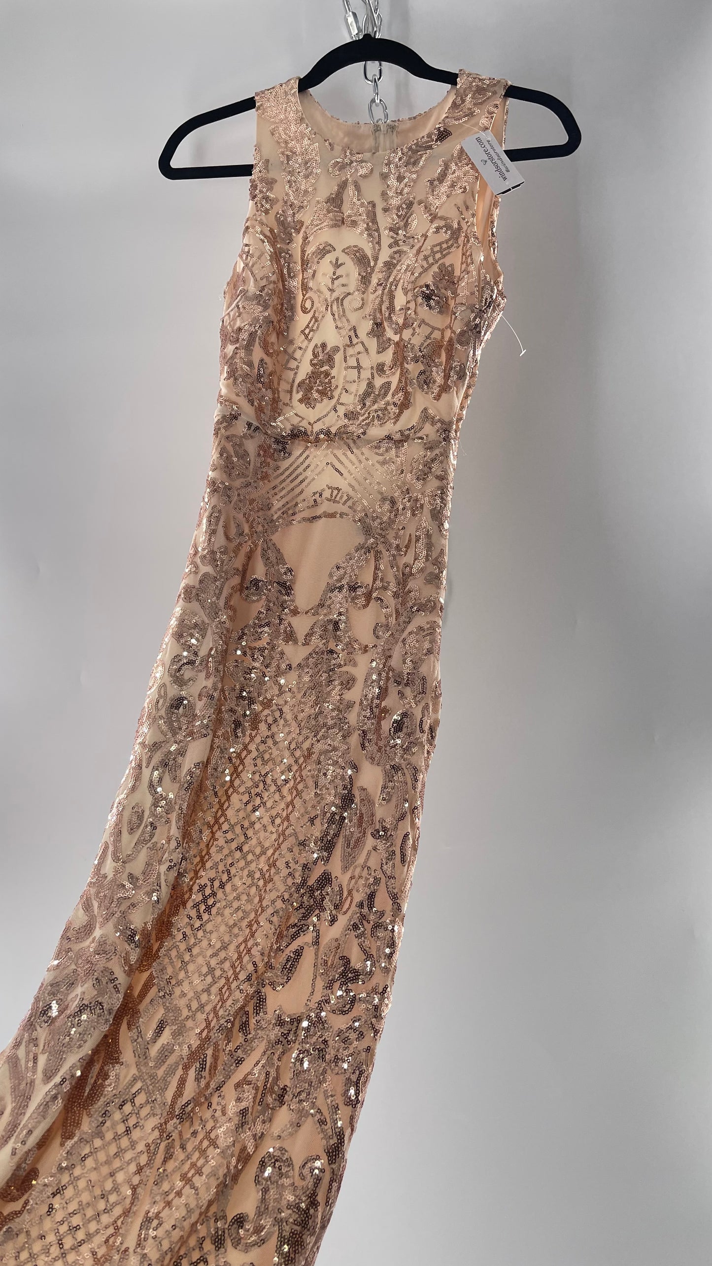 Windsor Rose Gold Sequin Maxi Dress with Side Slit Detail and Open Back (Small)