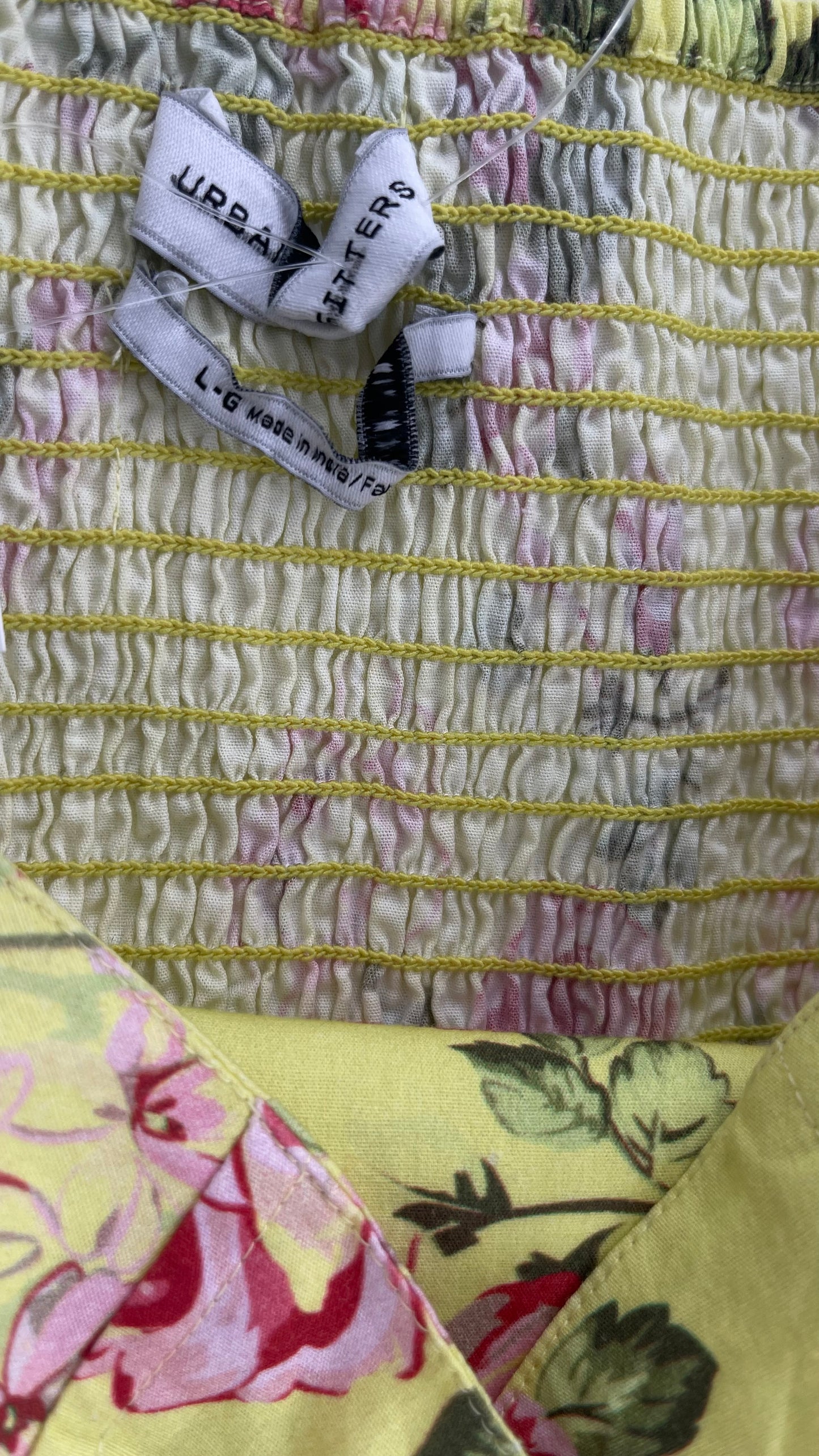 Upcycled Urban Outfitters Yellow Floral Corseted Top with Sweetheart Neckline and Ruffled Hem (Large)