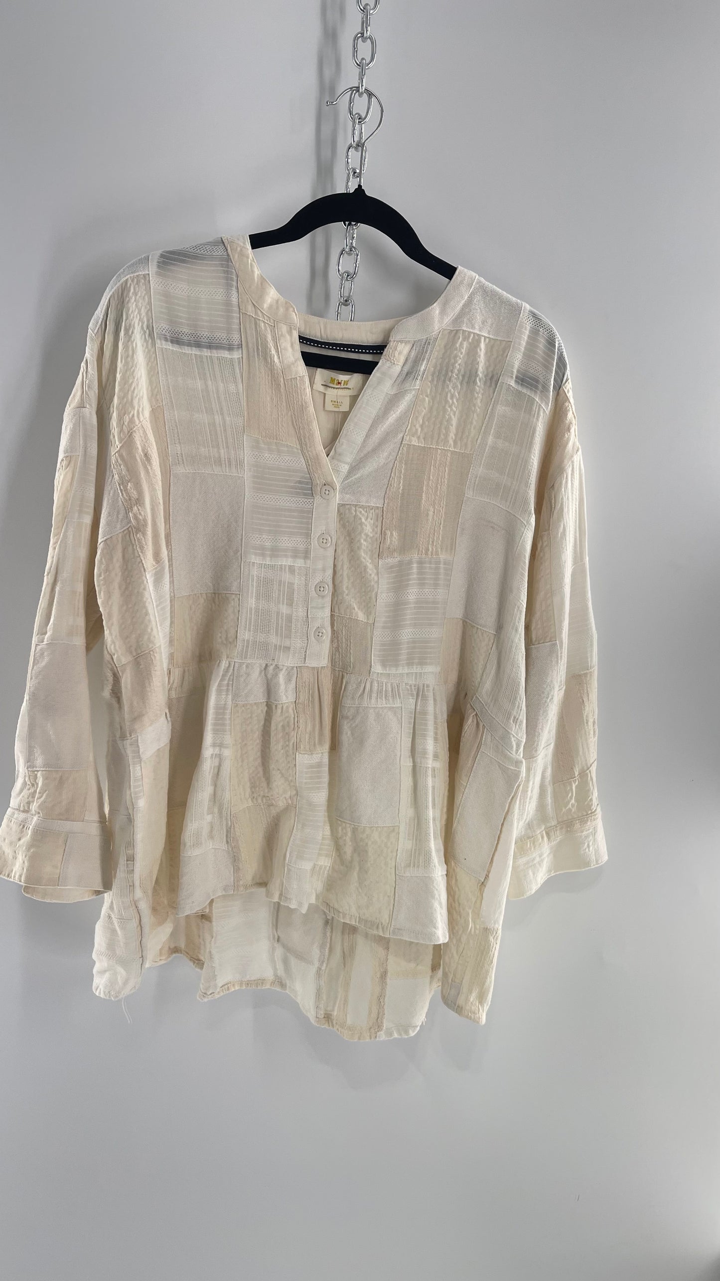 Anthropologie Patchwork Off White Voluminous Blouse with Tags Attached (Small)