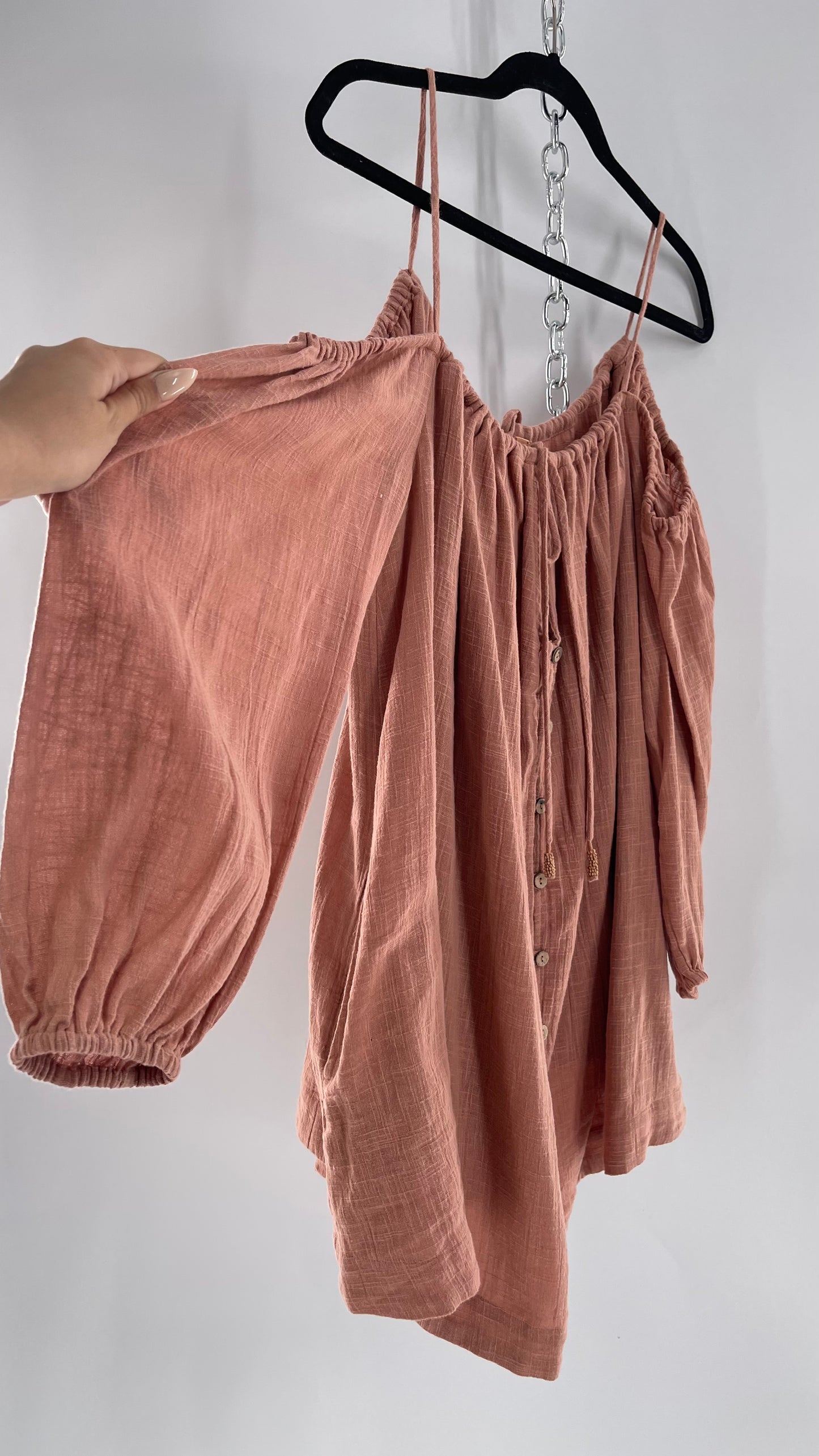 Free People Cotton Blush Pink Button Front Cold Shoulder Dress (Medium)