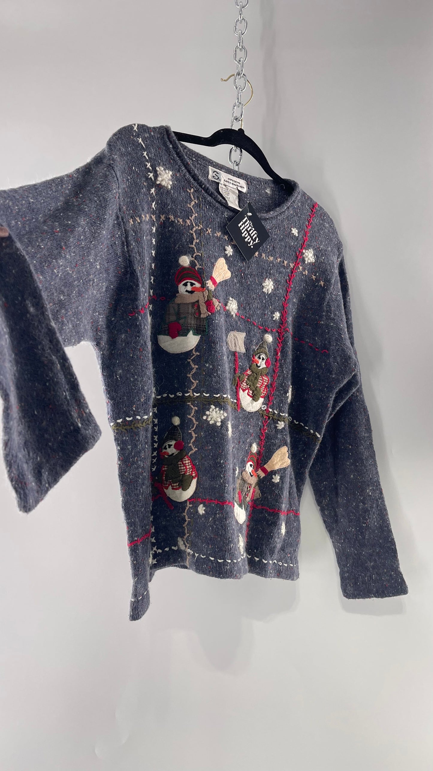 Vintage Urban Outfitters Christmas/Holiday Sweater with Festive Snowmen Snowflakes, and Contrast Stitch Detail (S)