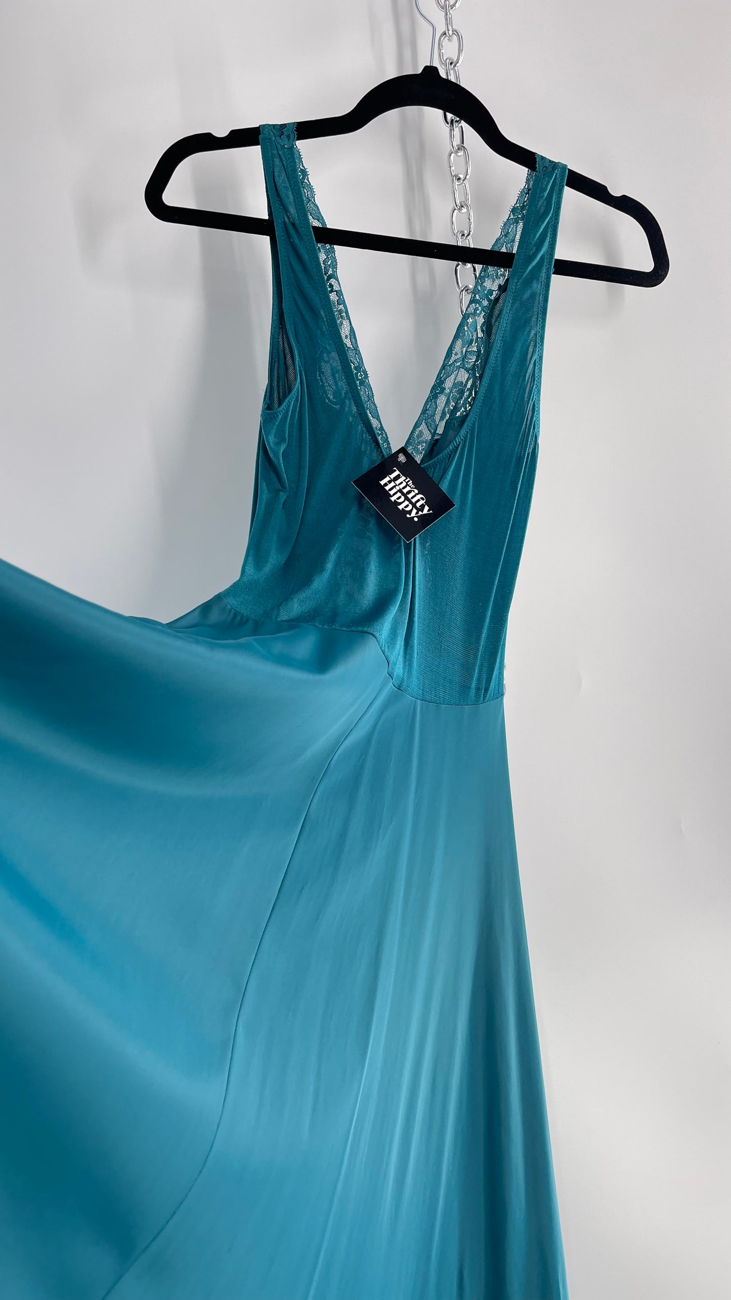 Vintage Olga Intimates Floor Length Voluminous Blue Jewel Toned Maxi Dress/Night Gown with Lace Bust (Small)