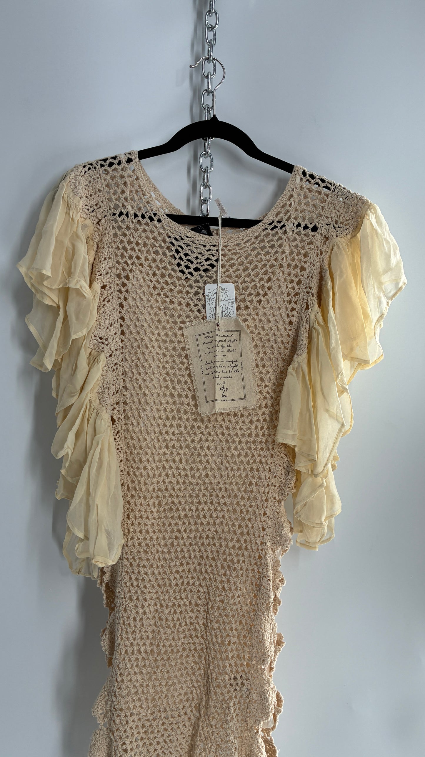 Free People Crochet Scalloped Open Side Dress with Ruffled Sleeve Details (S)