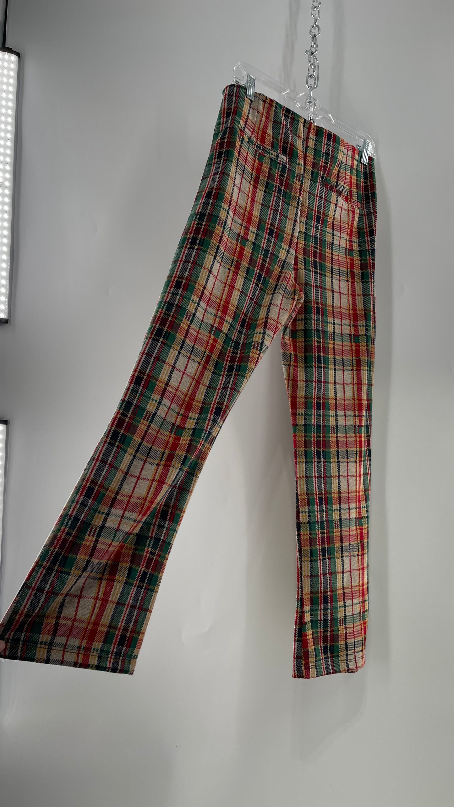 Free People Red\Green Plaid Knit Straight Leg Pants with Elastic Waist ( L)