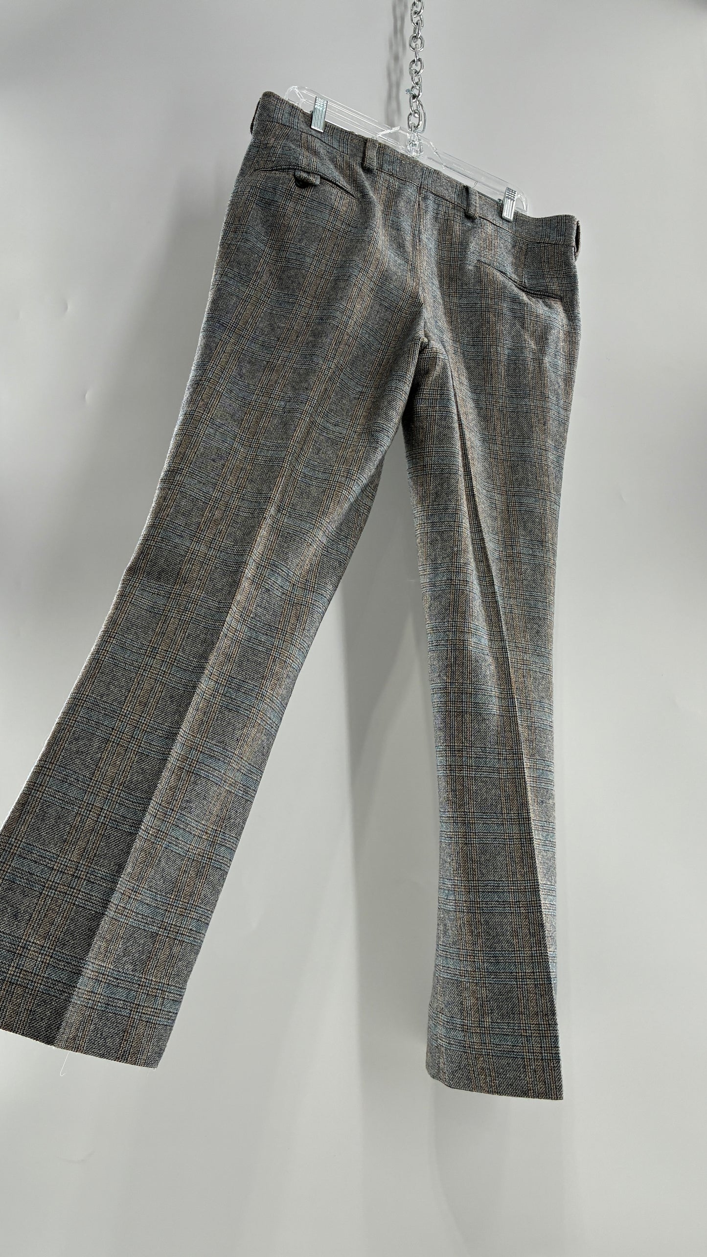 Vintage Handmade Wool Blend Woven Men’s Tailored Trousers with Grey Blue Plaid Pattern (35x32)