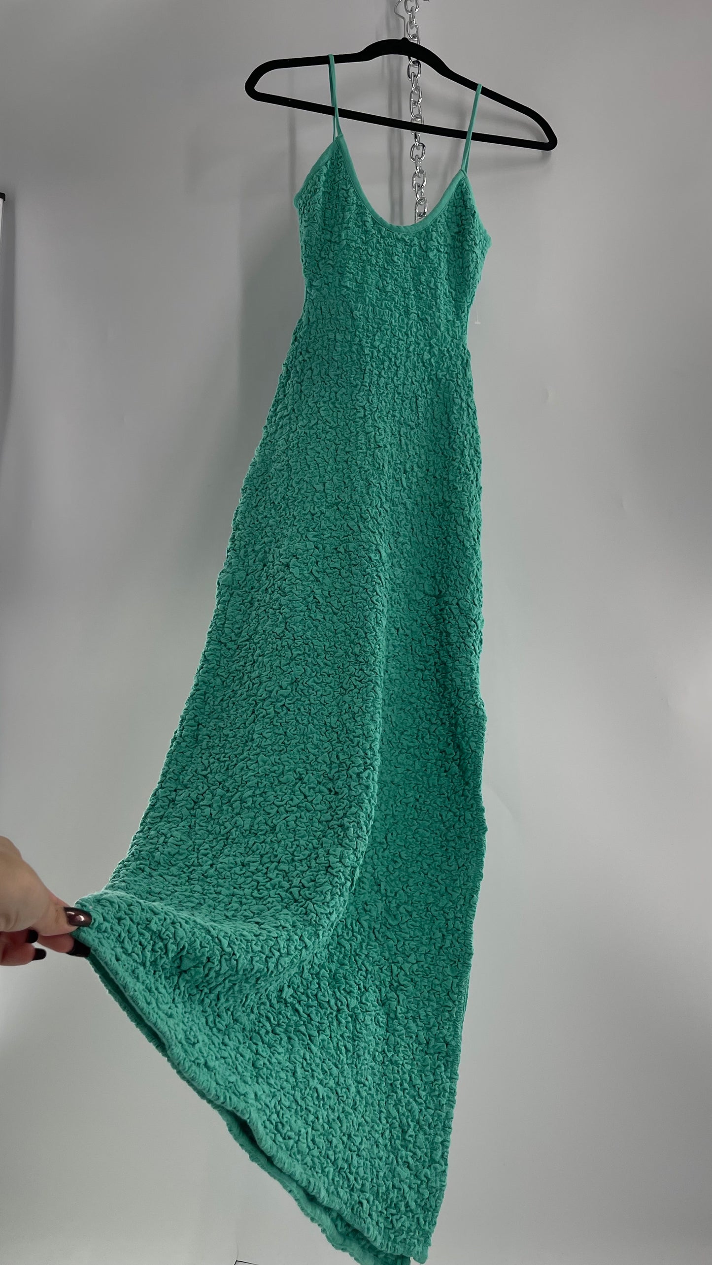 Free People Kelly Green Popcorn Maxi Dress with Low, Open Back Detail (XS)