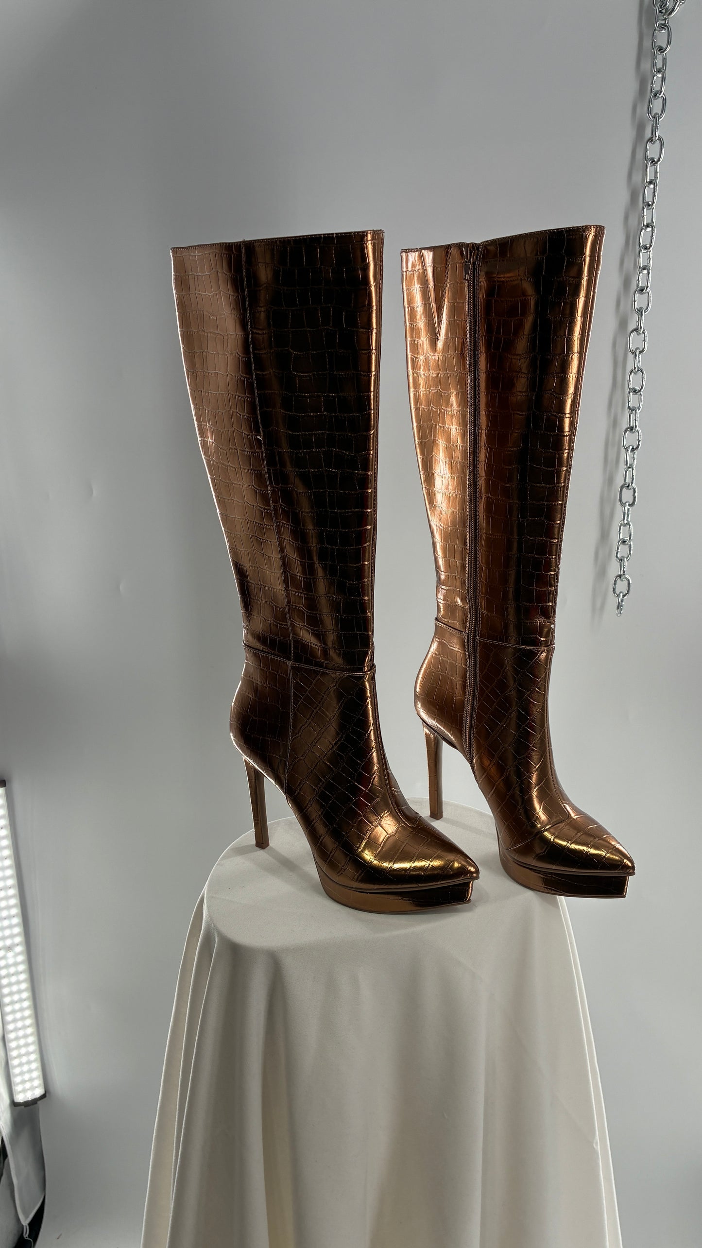 Vintage THALIA SODI Bronze Embossed Crocodile Texture Platform, Pointed Toe, Knee High Boots (6)