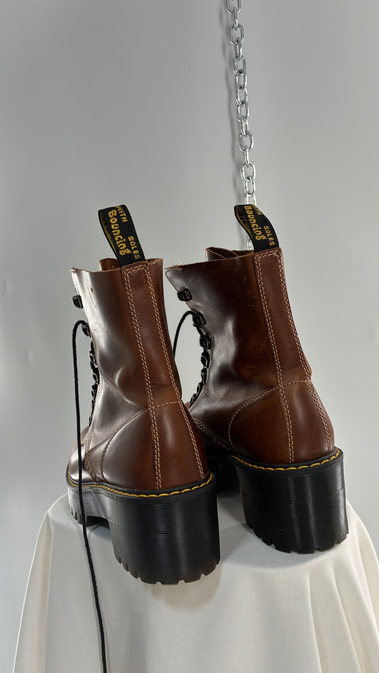 DR. MARTENS Leona Saddle Leather Platform Boots (9L)