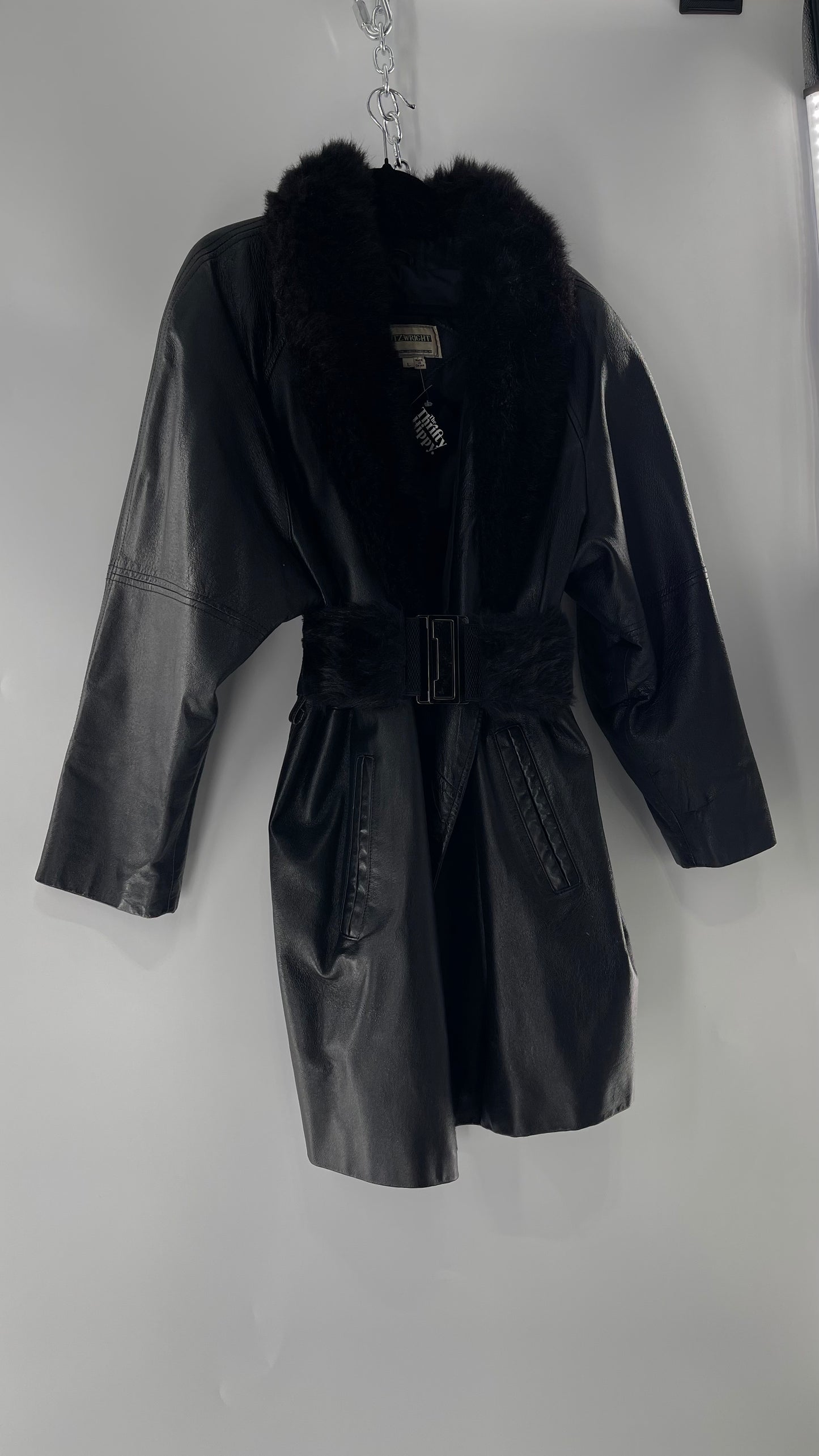 FITZWRIGHT Vintage Black Leather Coat with New Zealand Opposum Fur Collar and Faux Fur Belt (C)(Large)
