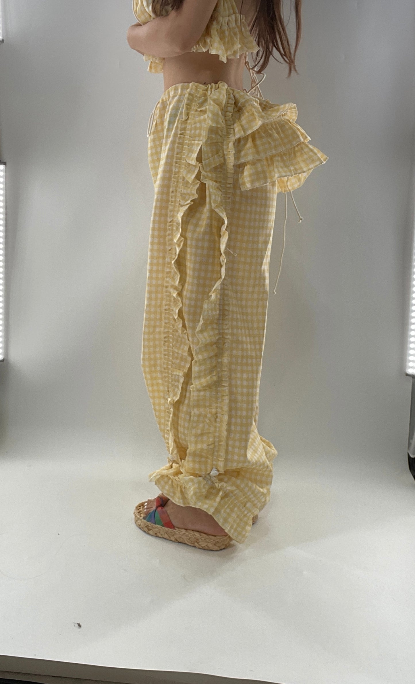 Vintage 2 Piece Yellow Checkered/Gingham Patterned Picnic Set with Ruched Bust Top and Ruffle Side Wide Legs with Adjustable Length, Strap Up Buttons on Hem (One Size)