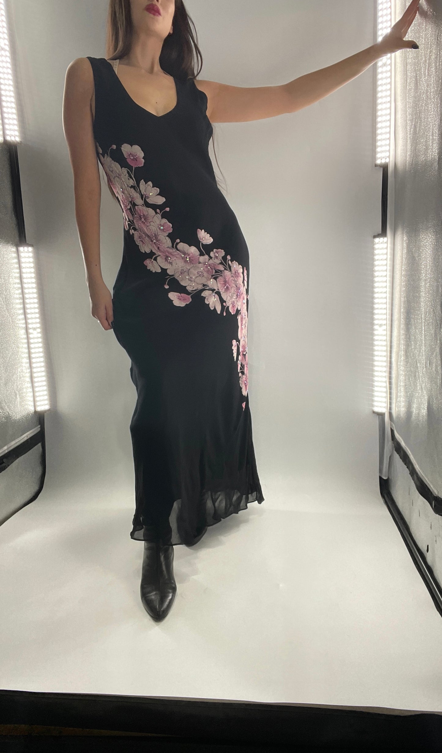 Vintage Dress Barn Black Slinky Maxi Dress with Pink Floral Graphic and Sequins (L)