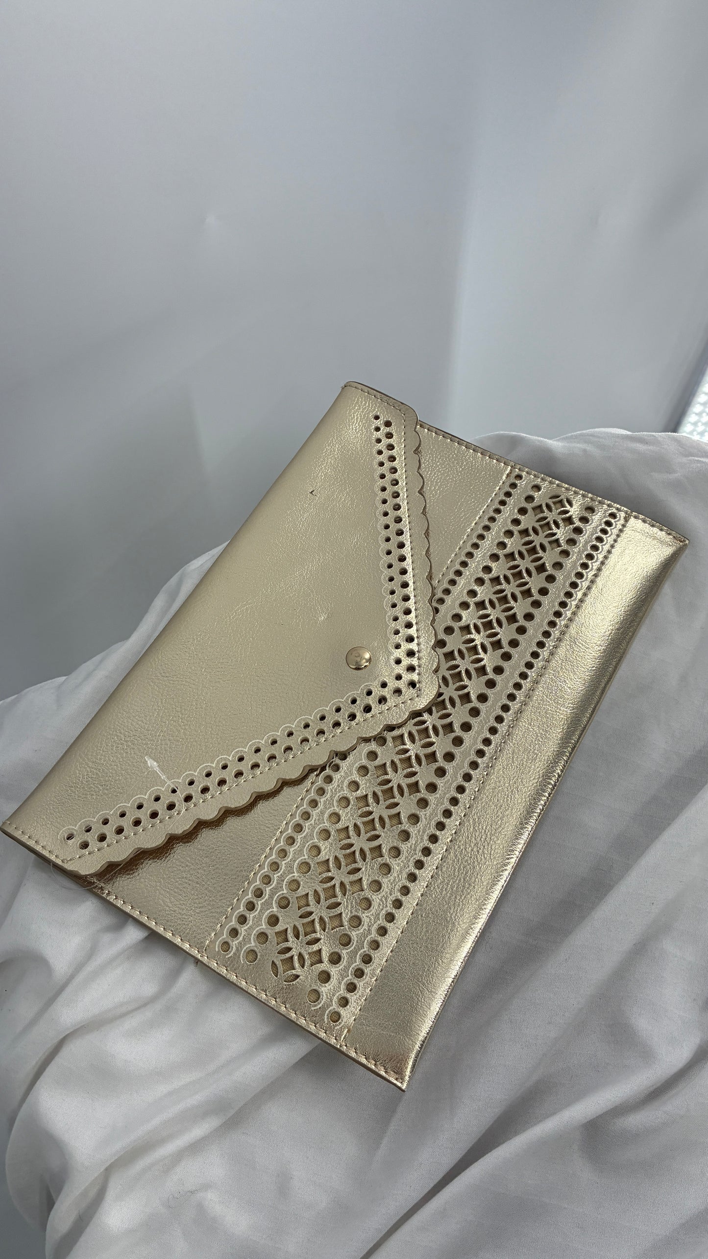 Anthropologie Gold Envelope Eyelet Lace Clutch