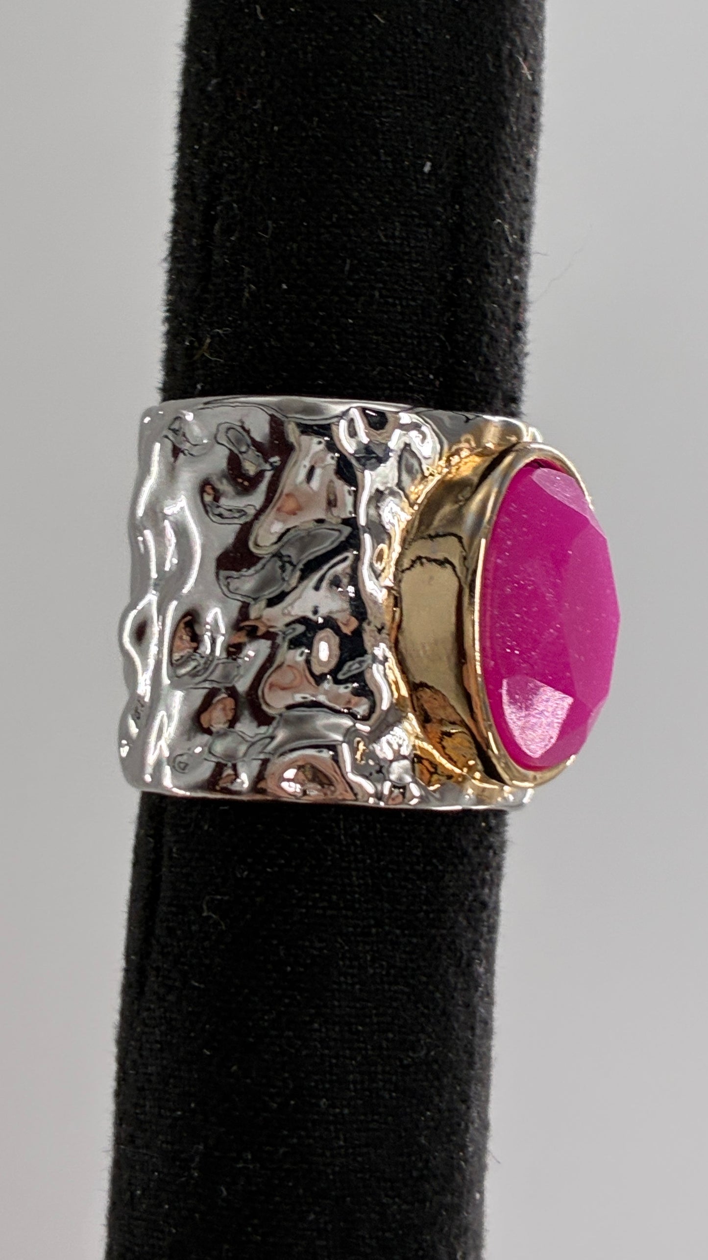 Silver Hammered Cuff Ring with Pink Gemstone