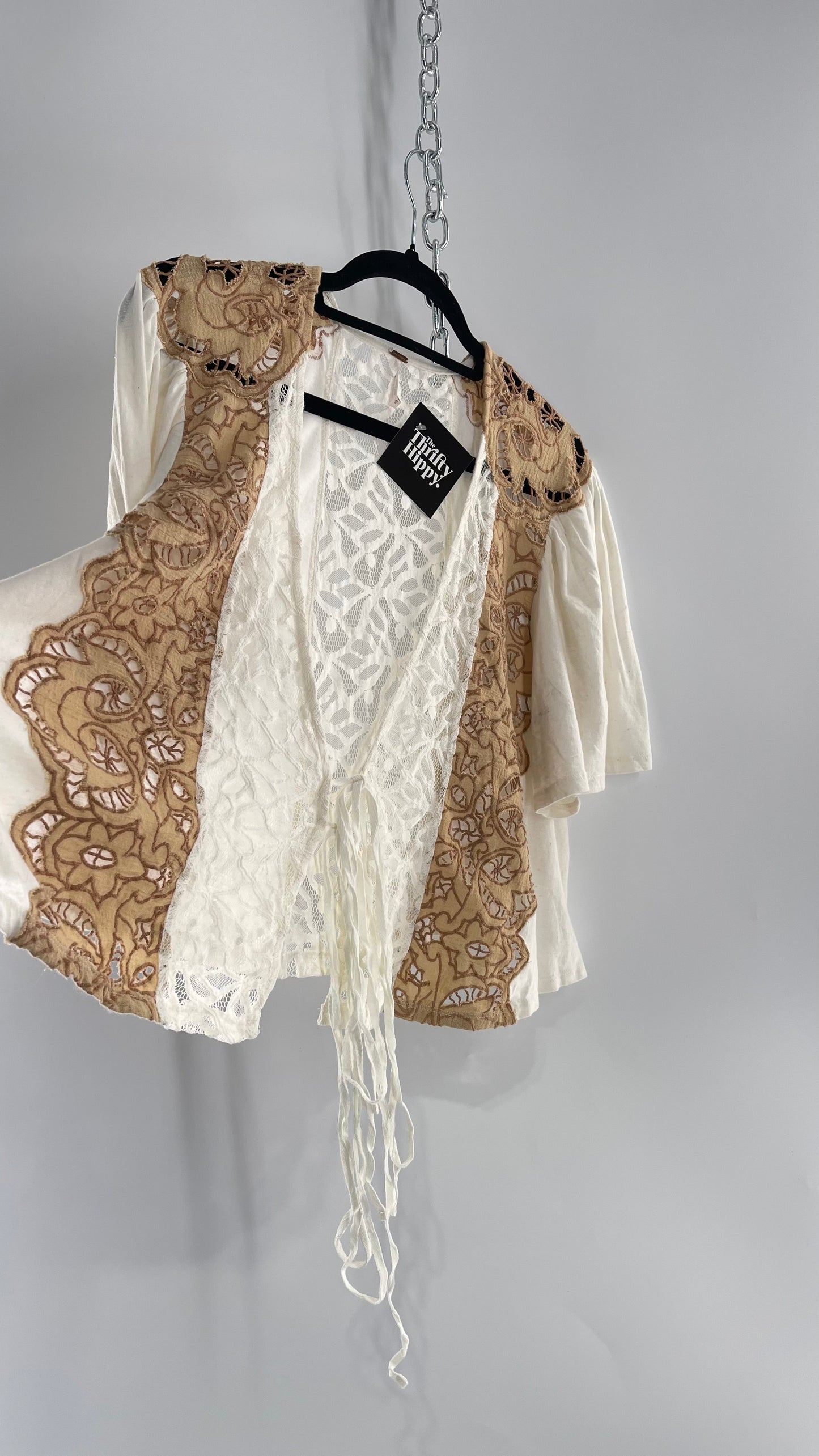 Free People Off White Woven Tie Front/Tie Around Too with Brown Eyelet Lace (Small)