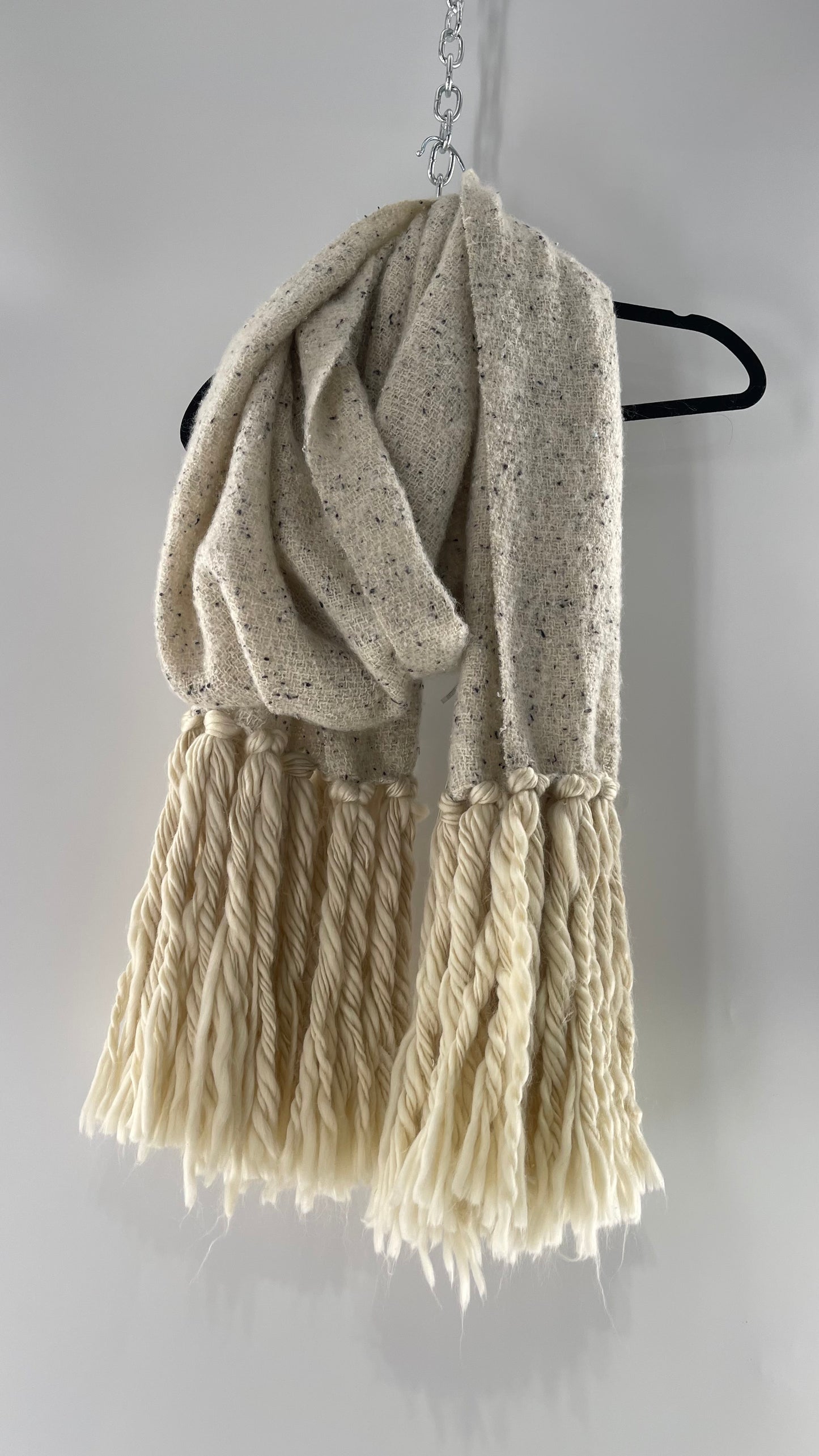 Anthropologie White/Off White Heavy Knit Cold Weather Scarf with Braided Fringe with Tags Attached (One Size)