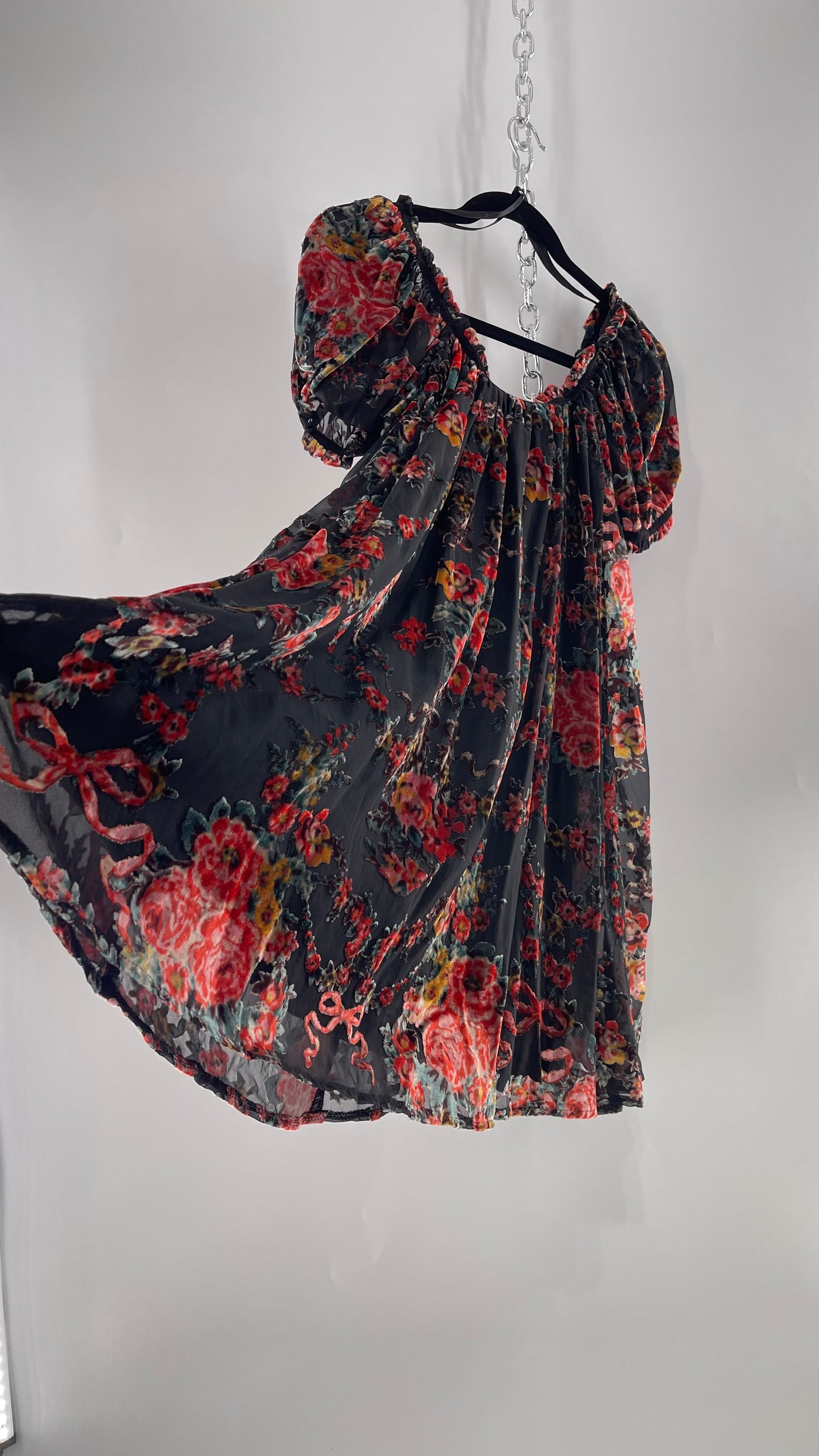 Free People Beautiful Blooms Velvet Florals Babydoll Dress (Small)