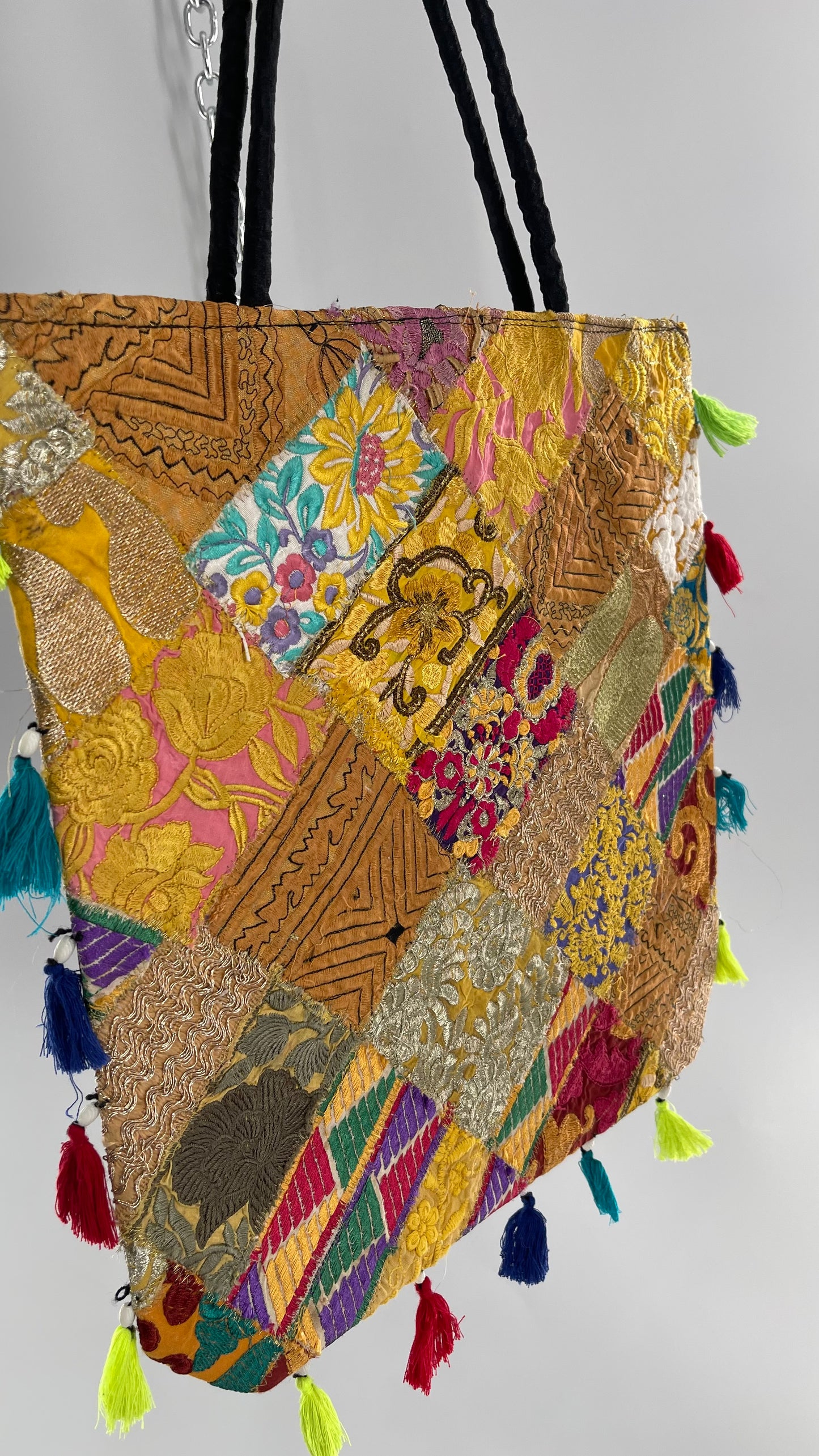 Imported Golden Yellow Patchwork Tote from Brazil with Tassel Detailing