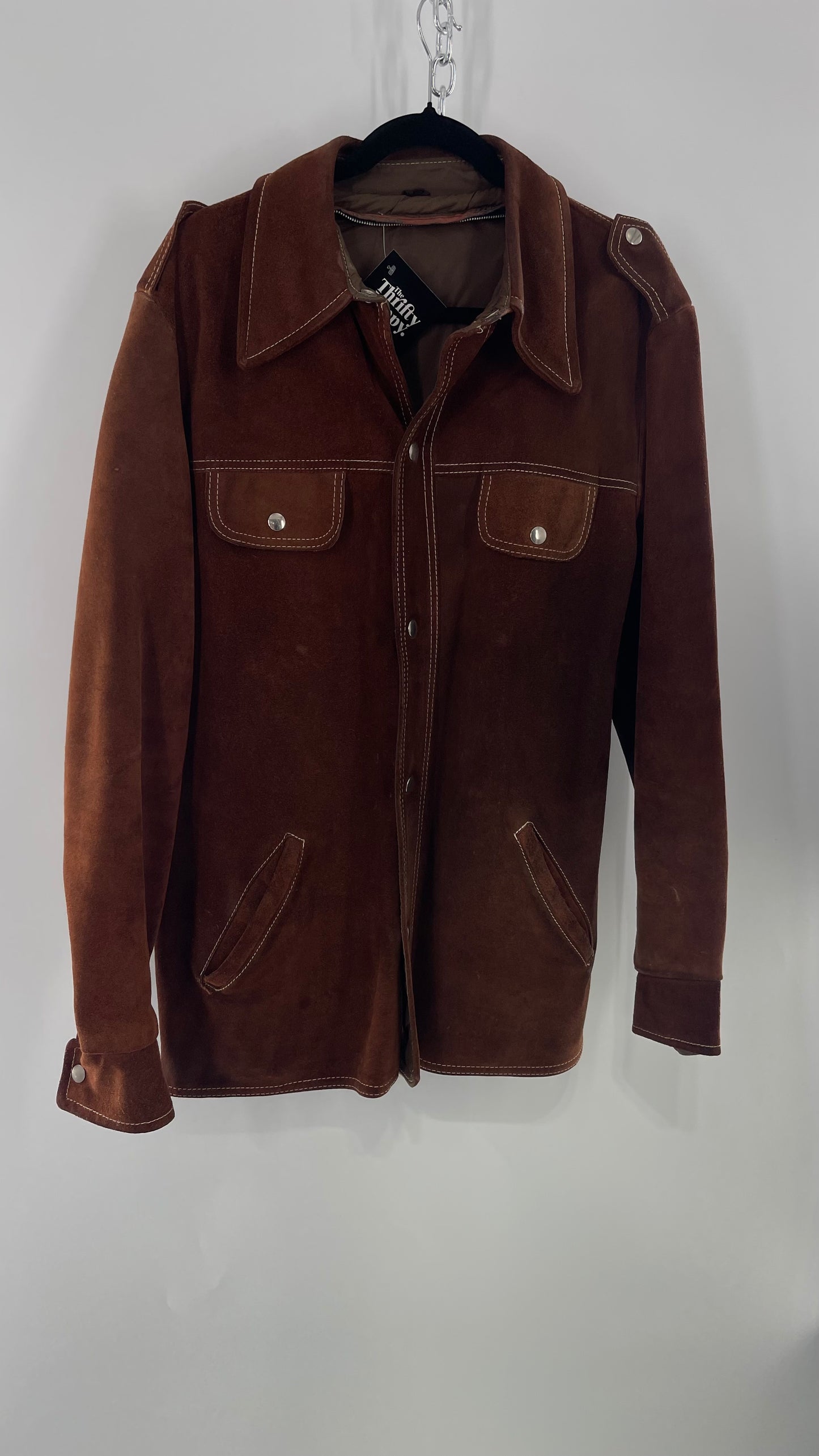 Vintage Brown Suede Jacket with Contrast White Stitching (C)(Large)