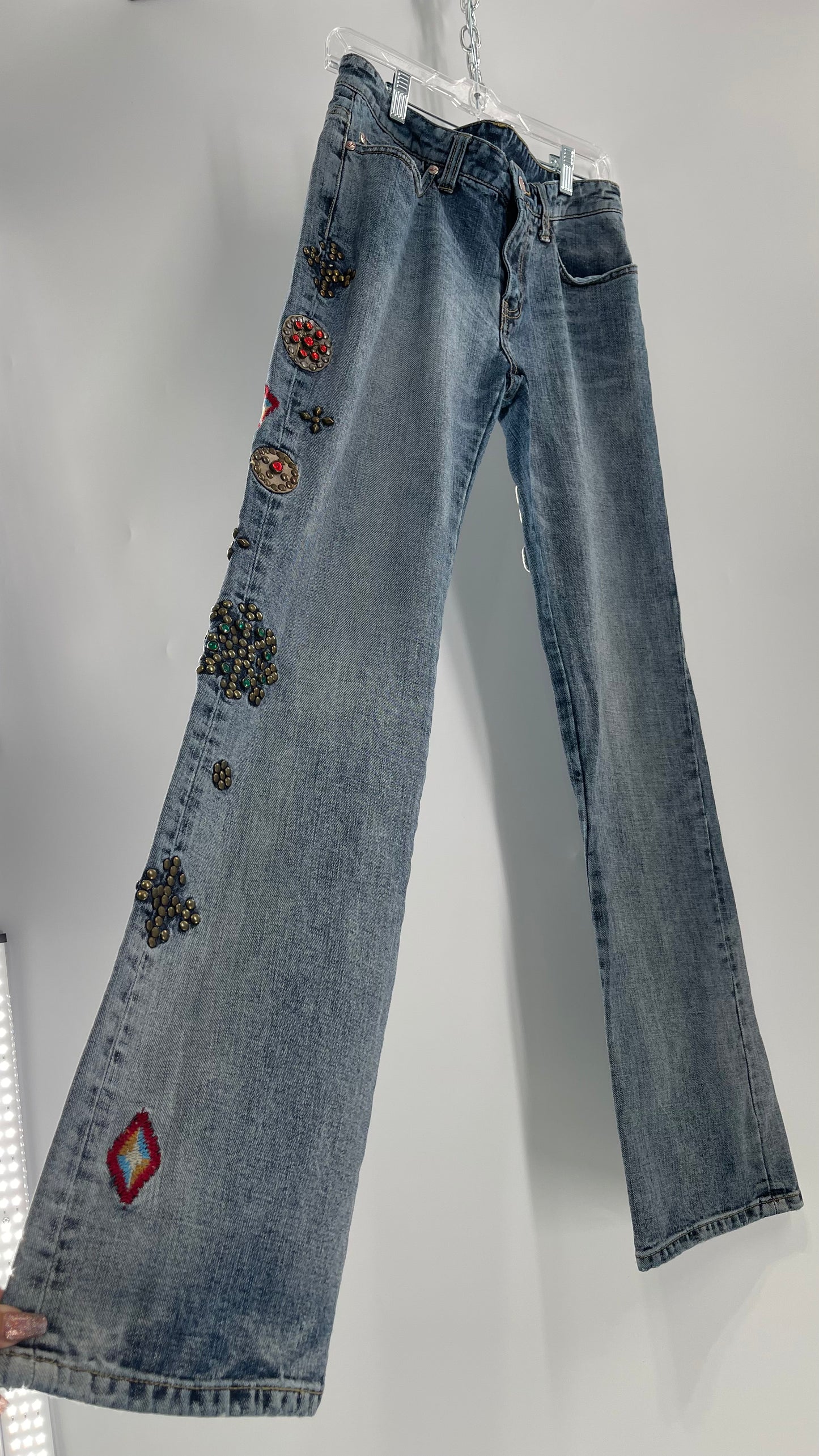 Western Denim Bank Light Wash Straight Legs with Gold/Bronze Metal Studs and Jewels (29)