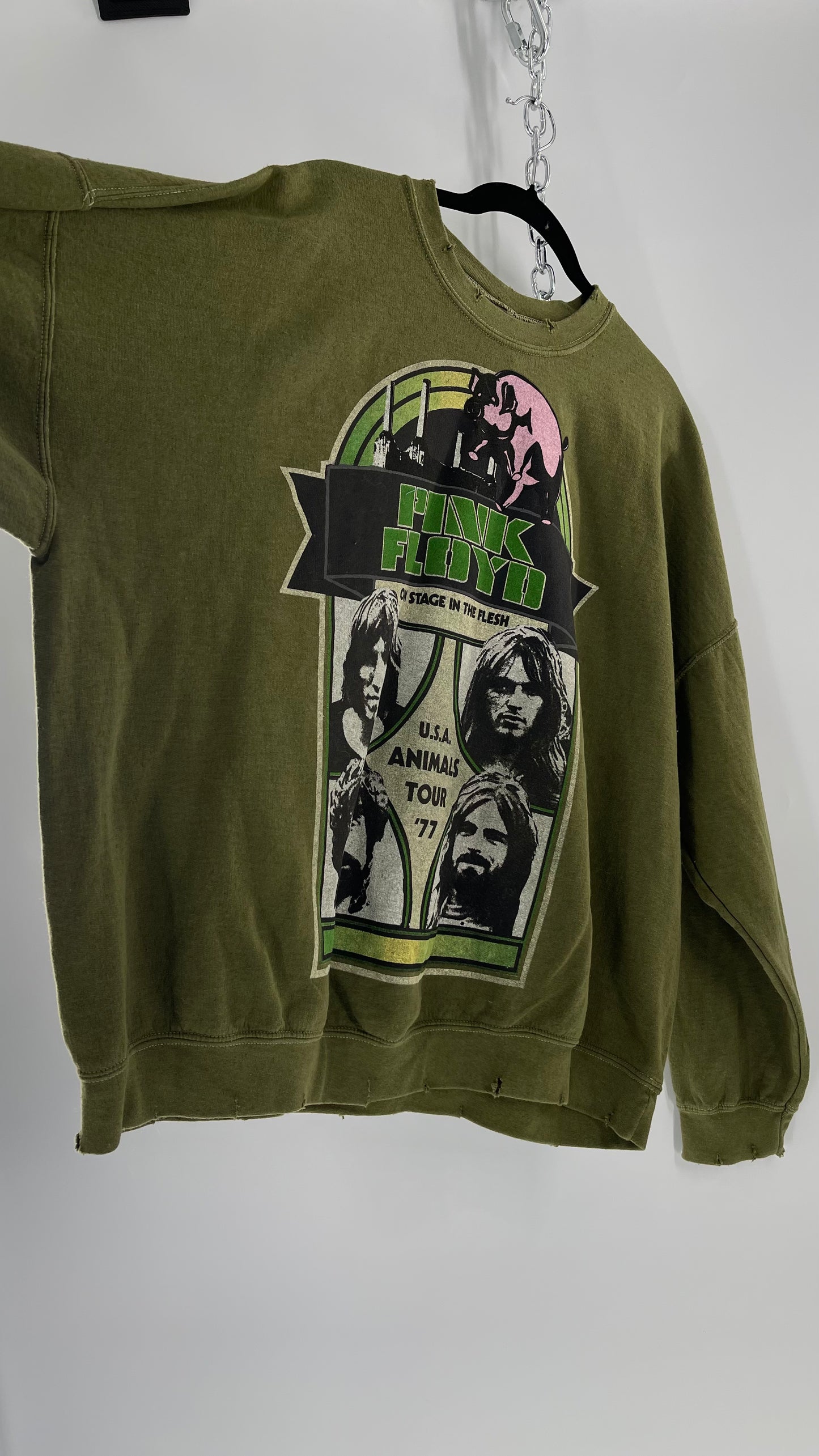 Vintage Green Graphic Pink Floyd Crewneck Knits with Distressed Neckline and Hems (L/XL)