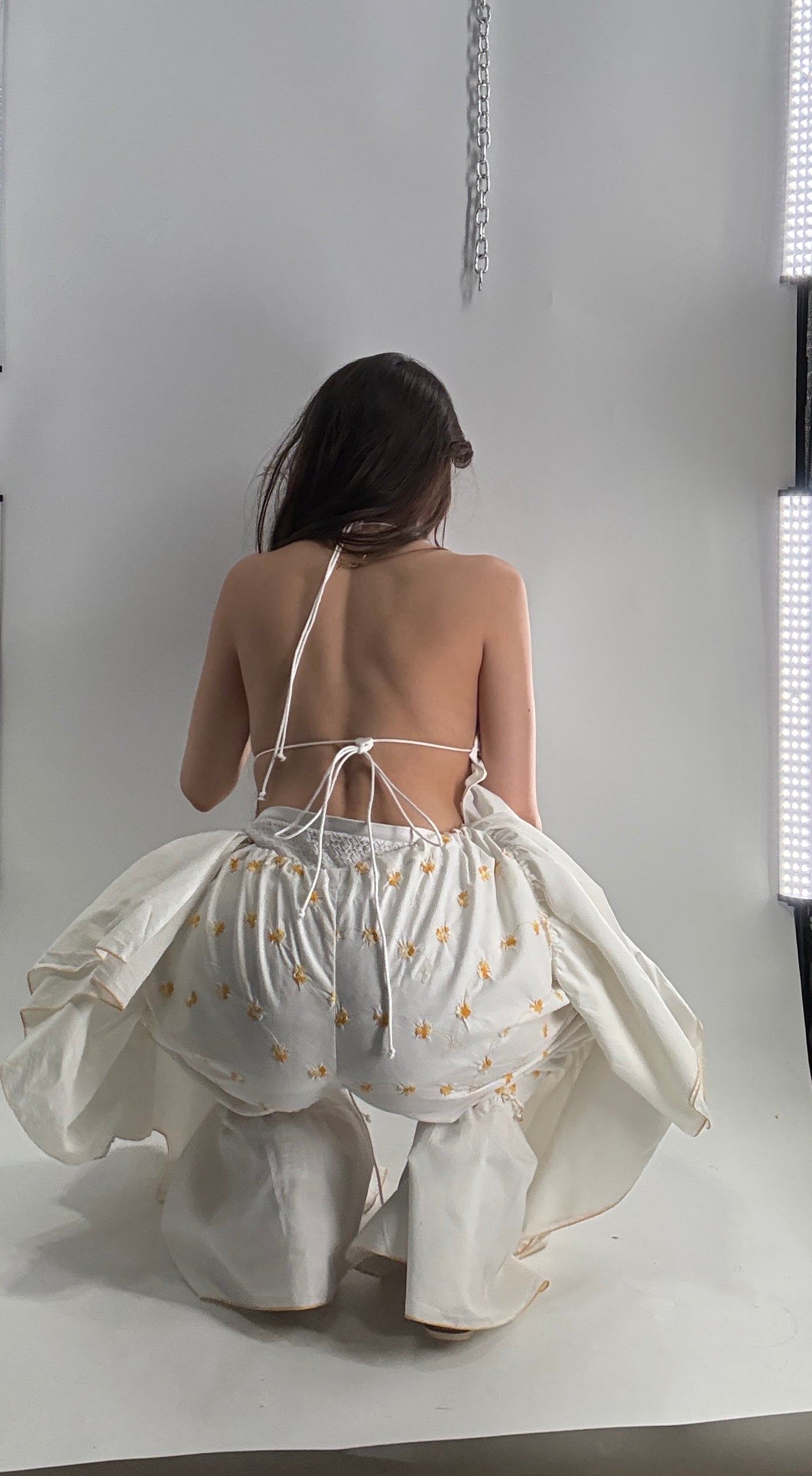 Vintage Handmade Angeline 2pc Set with Ruffled Pant, Embroidered Daisy Pattern, and Bustier Camisole with Adjustable Drawstring Bustline and Waistline (XS-L)