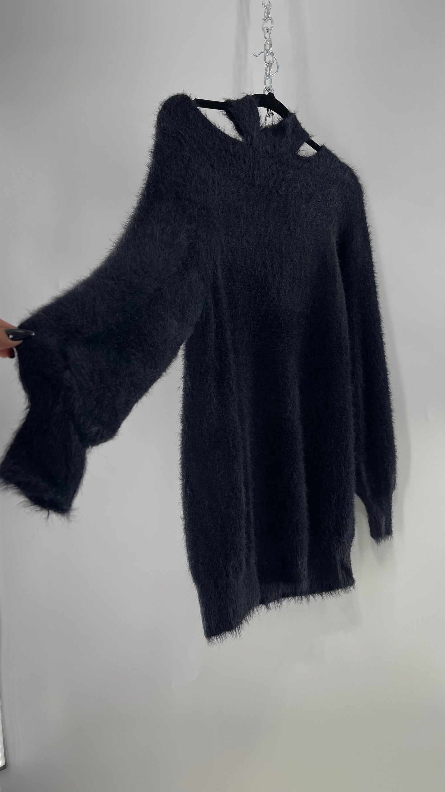 Callahan Black Fuzzy/Shaggy Slouchy Sweater with Choker Neckline Detail (Small)