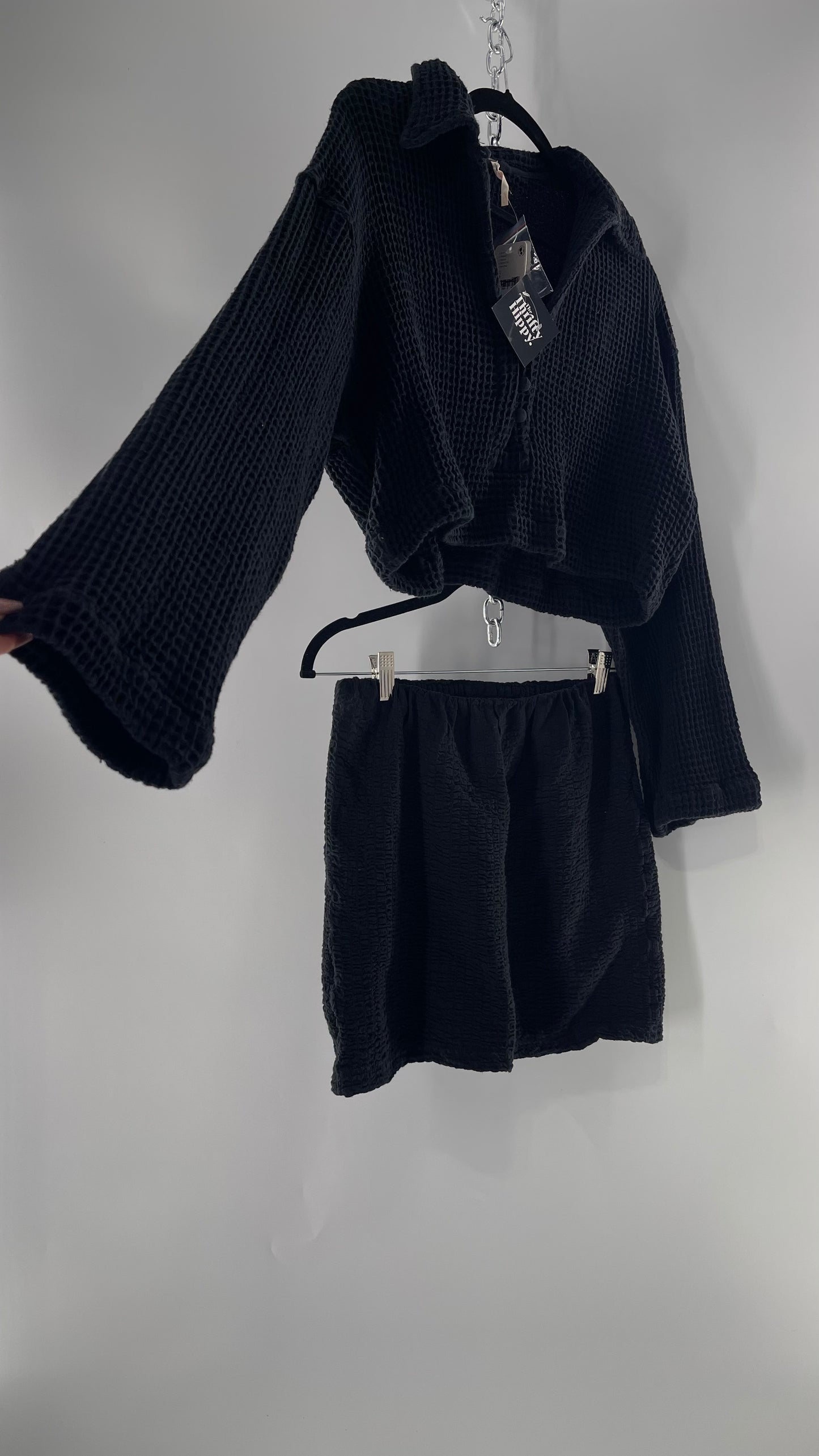 Free People Waffle Knit Black Cropped Button Up and Skirt Set with Tags Attached (Small)