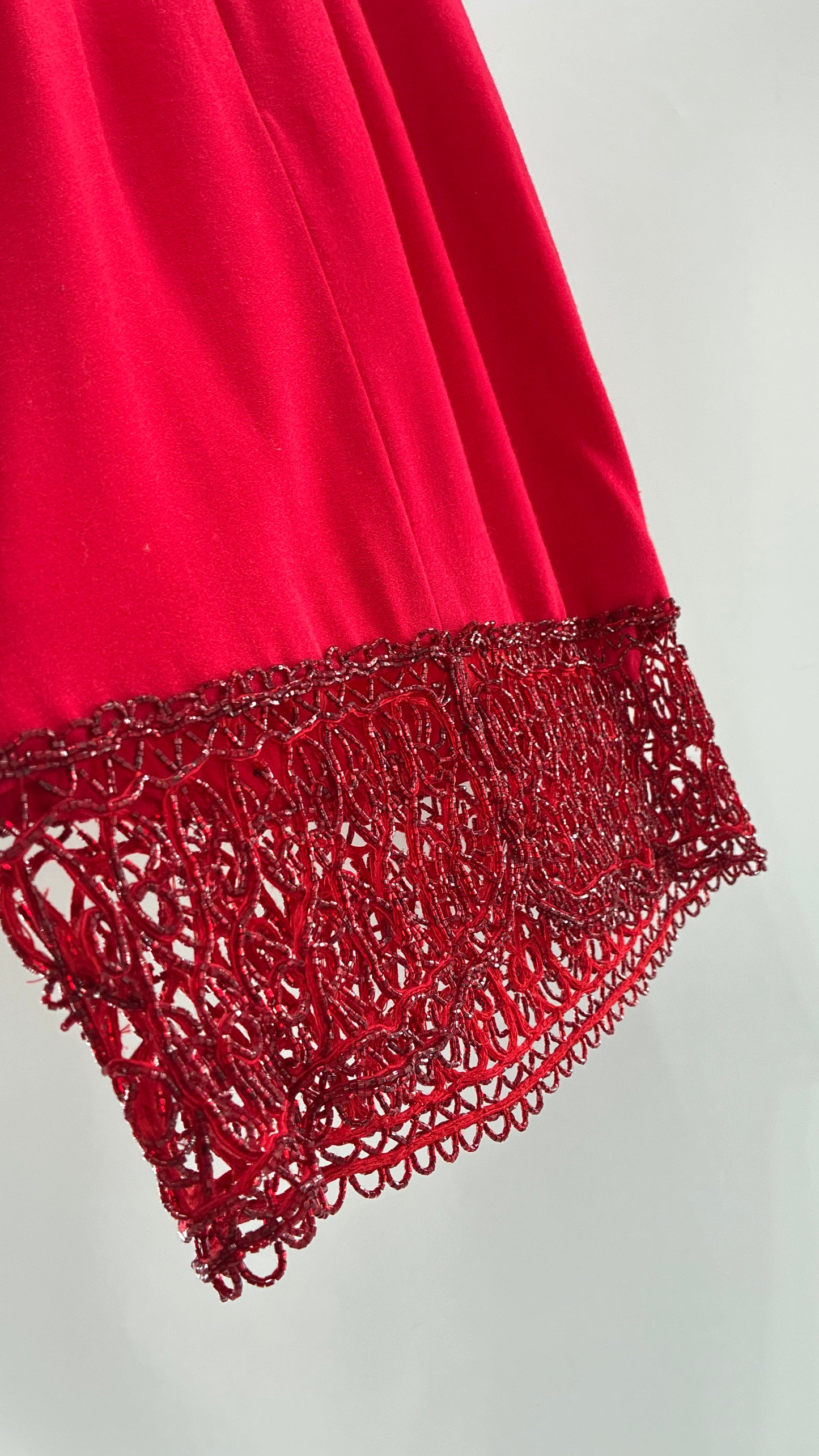 Vintage CARMEN MARC VALVO Red 100% Fitted, Tailored Wool Dress with Beaded Hem and Neckline (6)