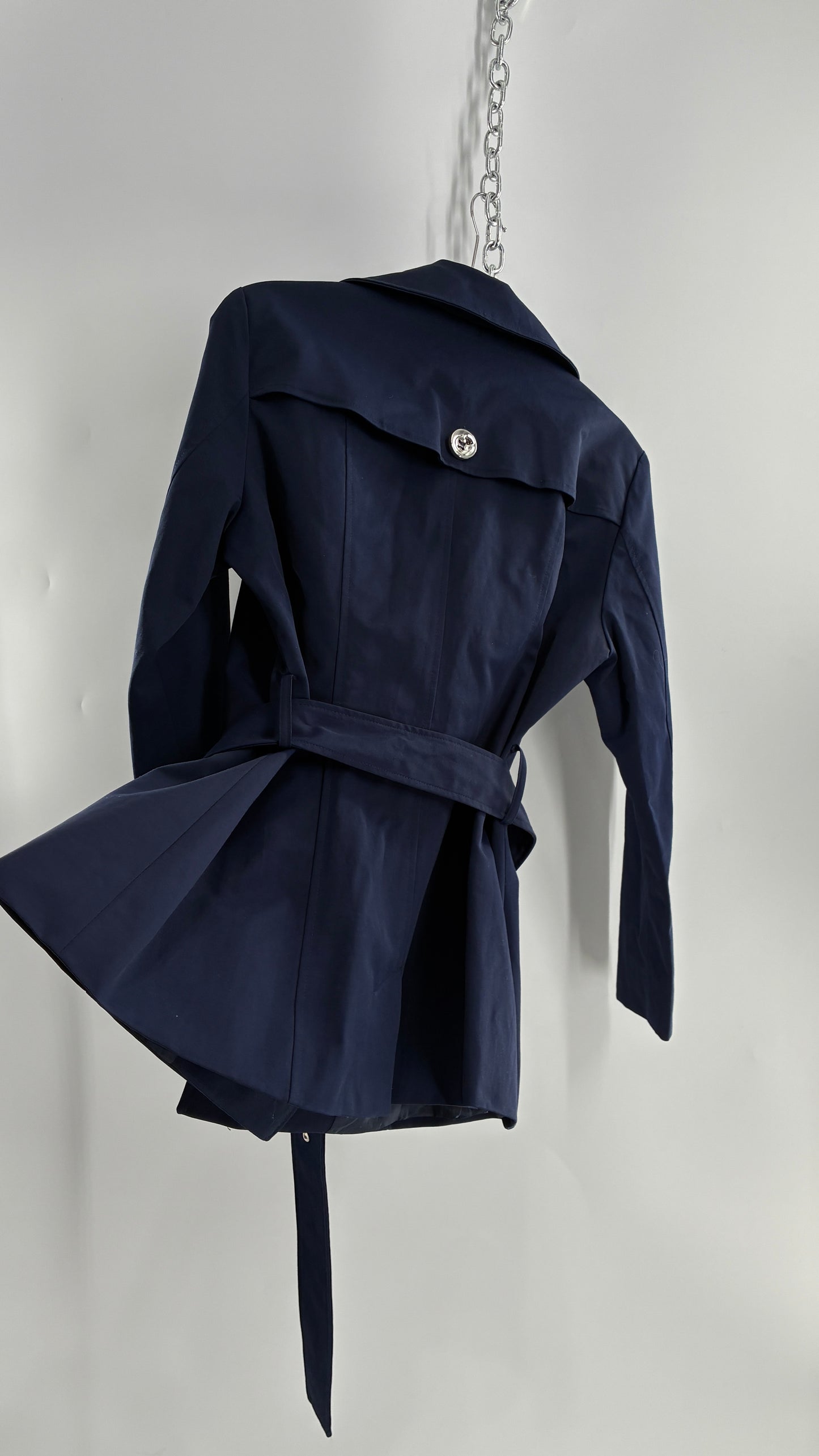New York & Company Deep Navy Coat with Double Breasted Silver Buttons and Oversized Silver Buckle (Large)