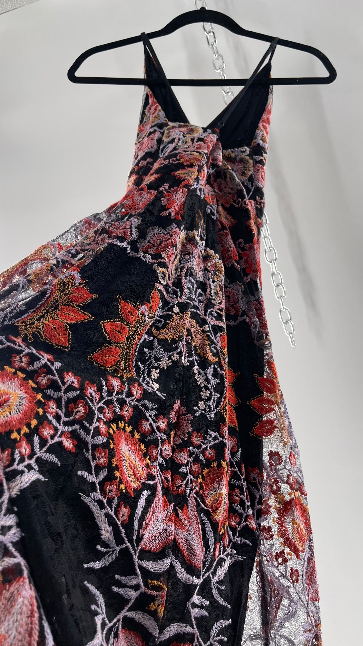 Free People Black Fall Toned Floral Embroidered Tule Sleeveless Maxi Dress (2)