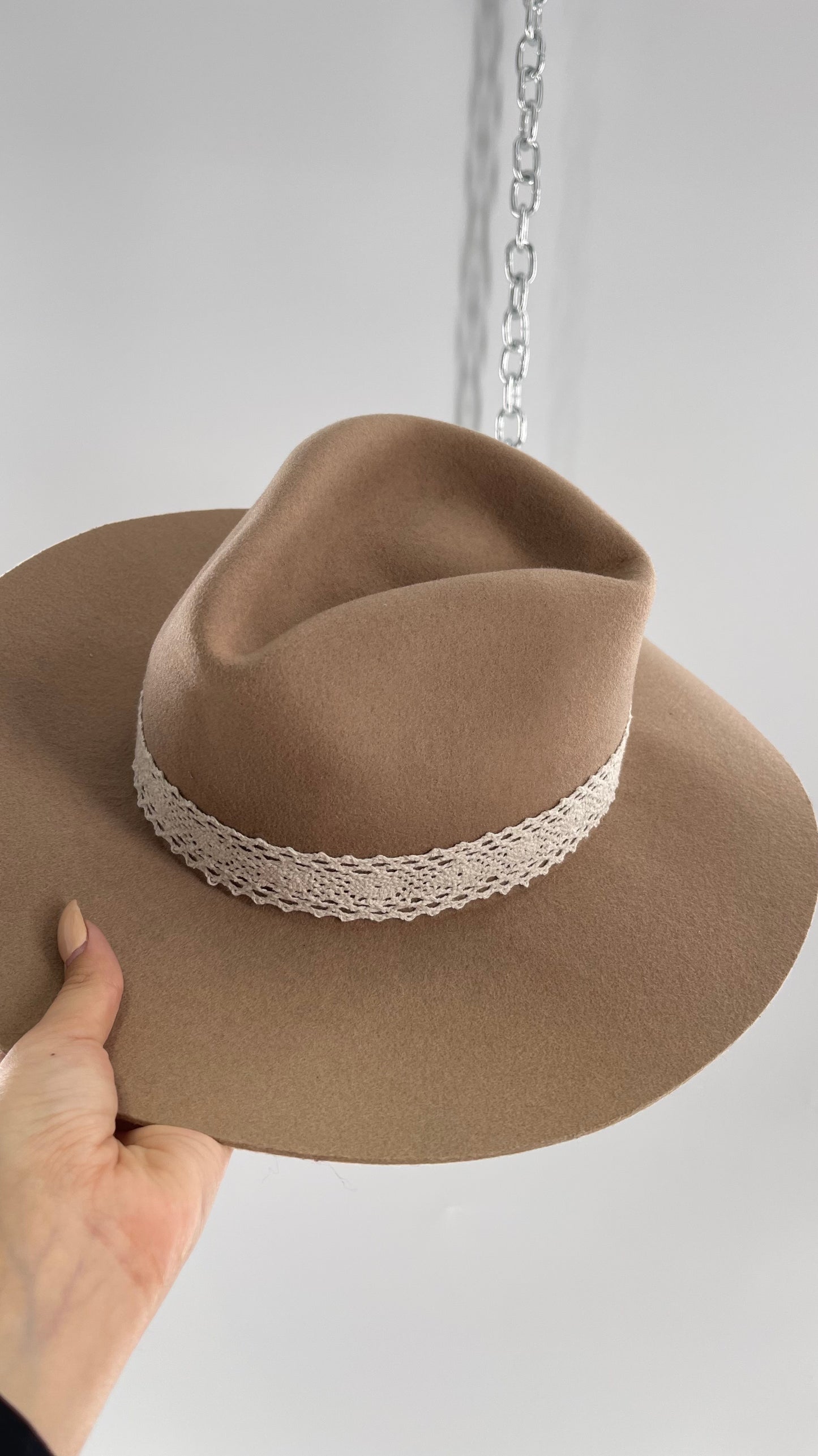 Free People WYETH Tan 100% Wool Lace Belted Wide Brim Sun Hat
