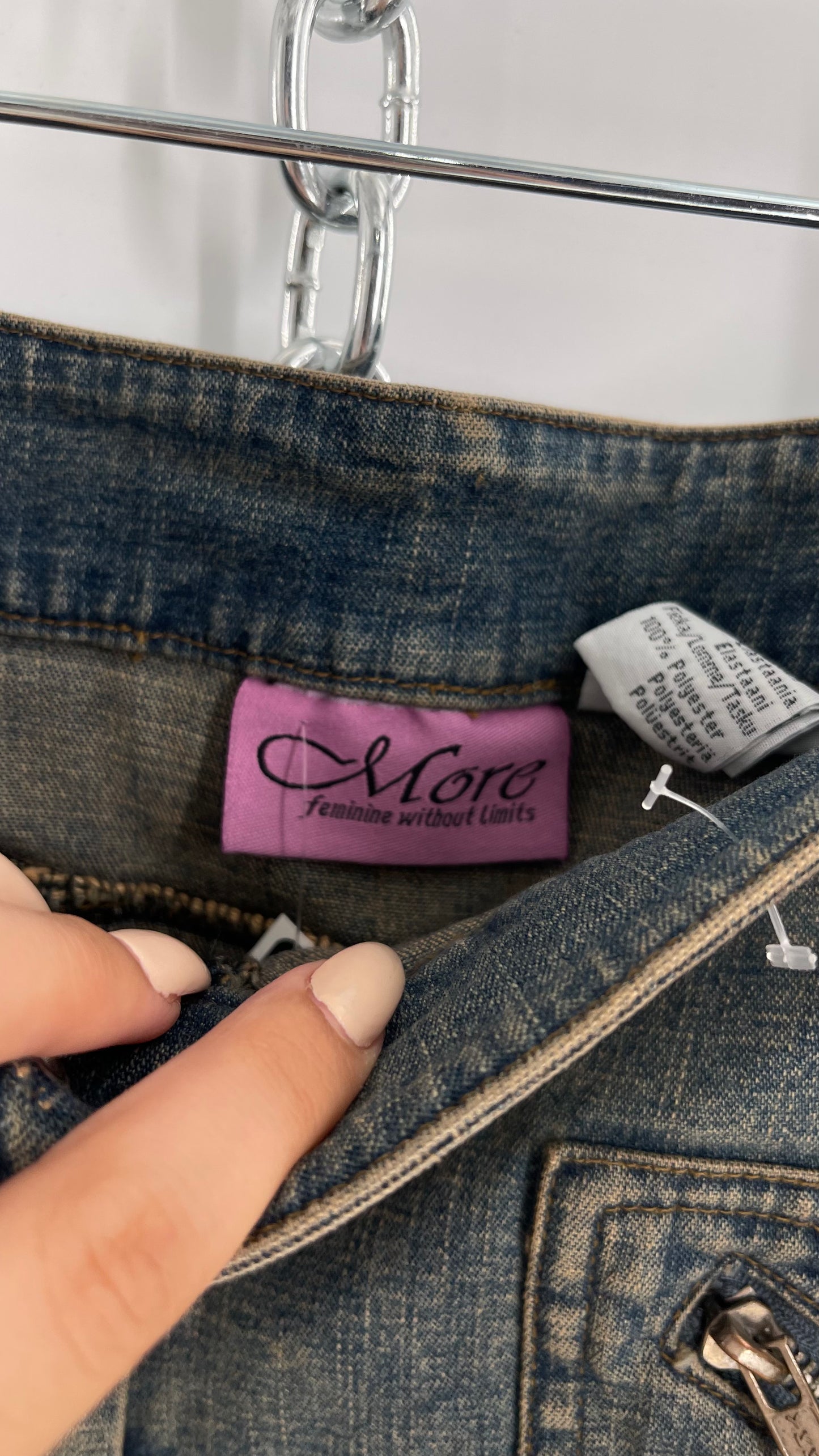 Vintage More Feminine w/o Limits Denim Skirt with Grommet Lace Up Sides and Fade (42)
