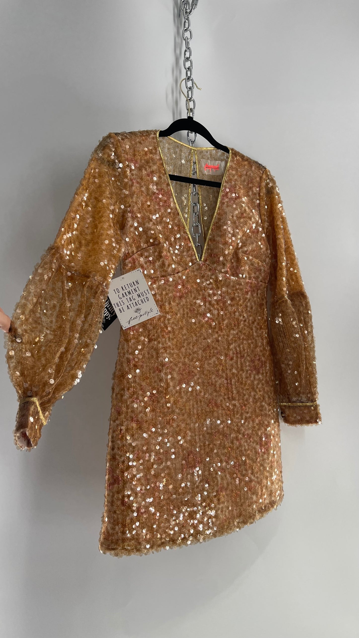 Free People Tapestry Underlay and Gold Sequin Overlay A-Line Mini Dress with Bubble Sleeves
(0)
