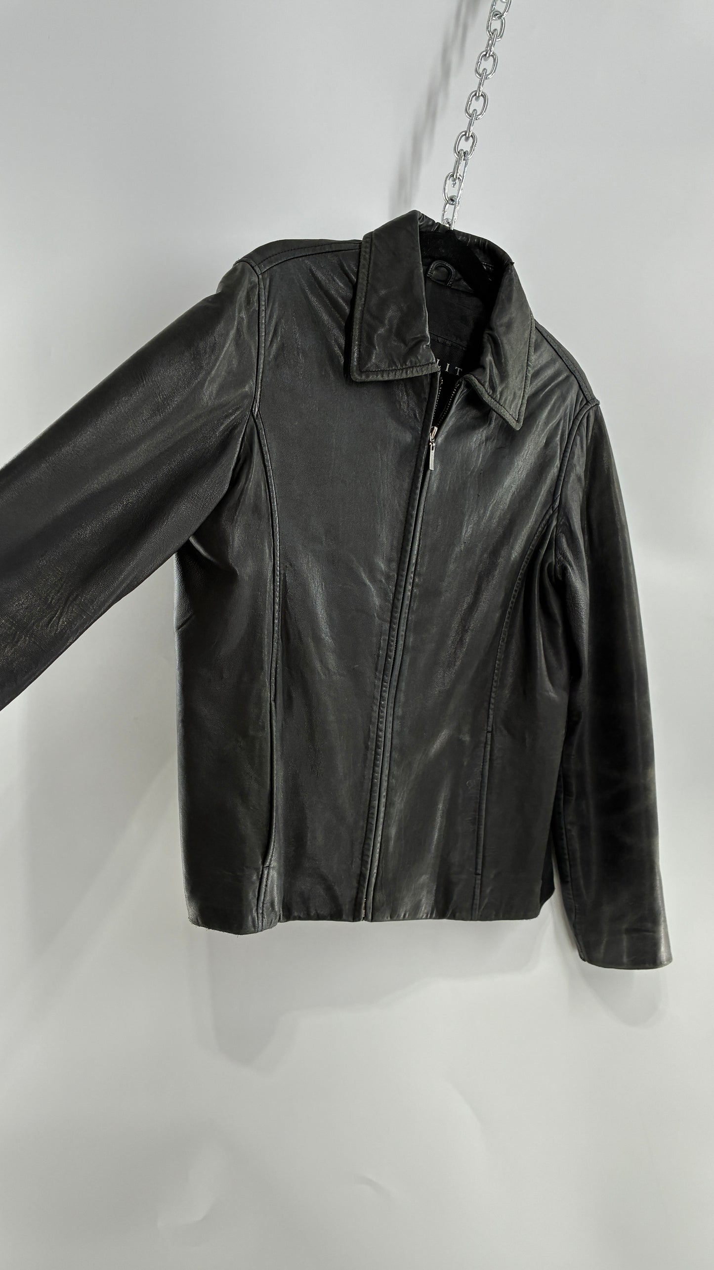 Vintage WINLIT New York Black Leather Collared Zip Front Paneled Jacket (Large)