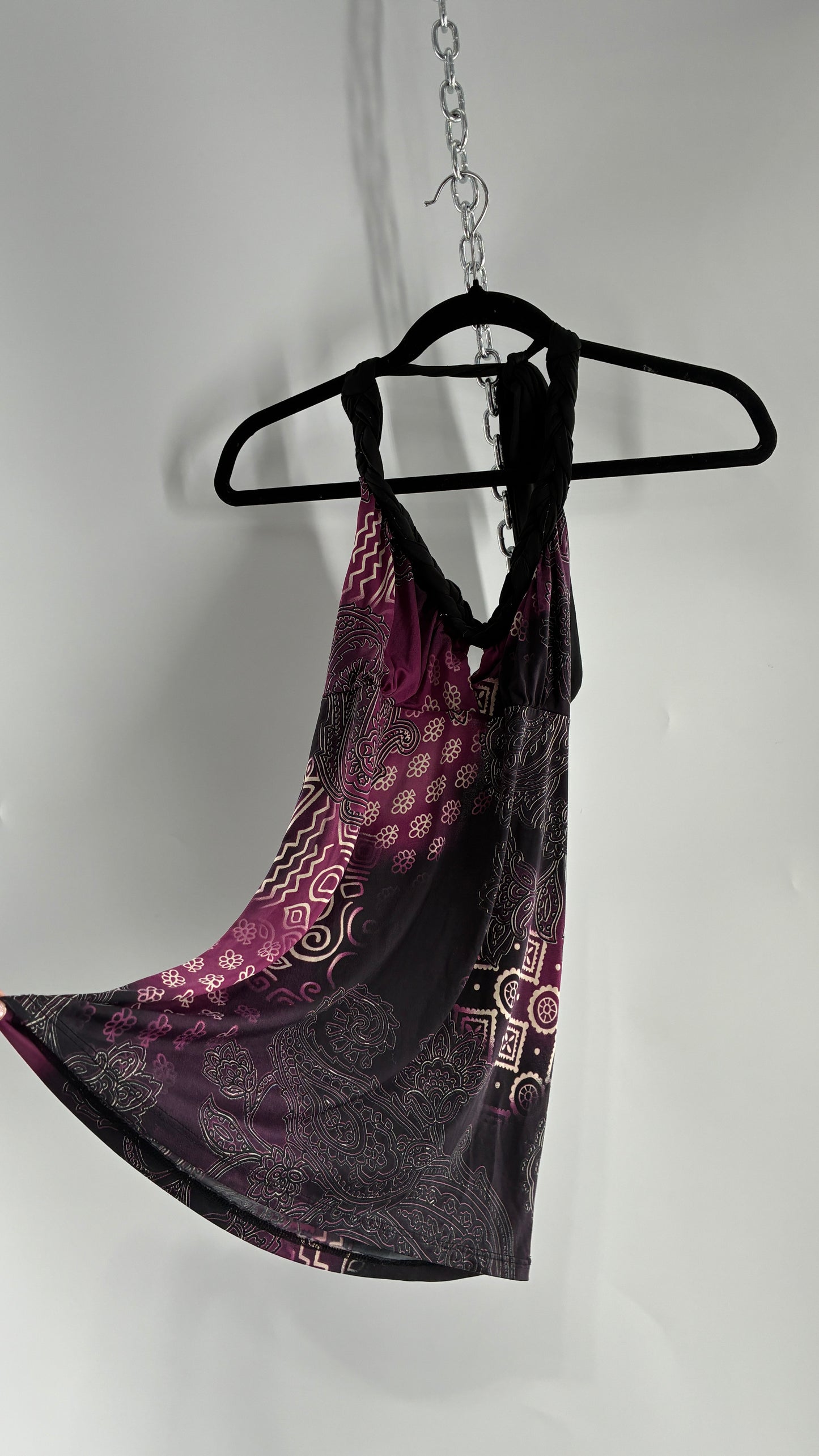 Vintage RUE 21 Purple Braided Halter Black and Purple Graphic (Large)
